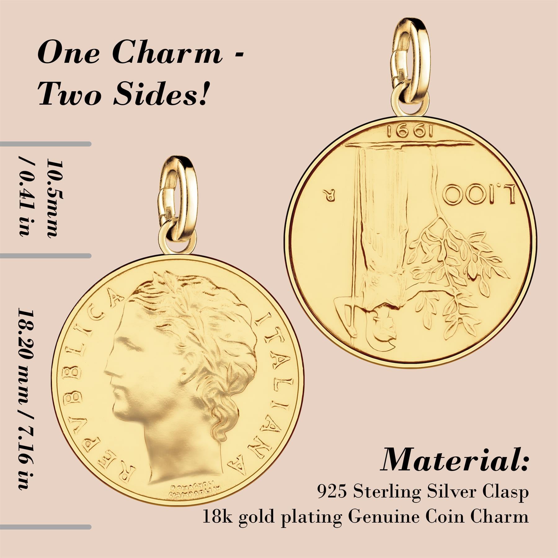 Italian 100 Lire Coin Charm | 925 Sterling Silver 18K Gold Plated | 1990 - 1992