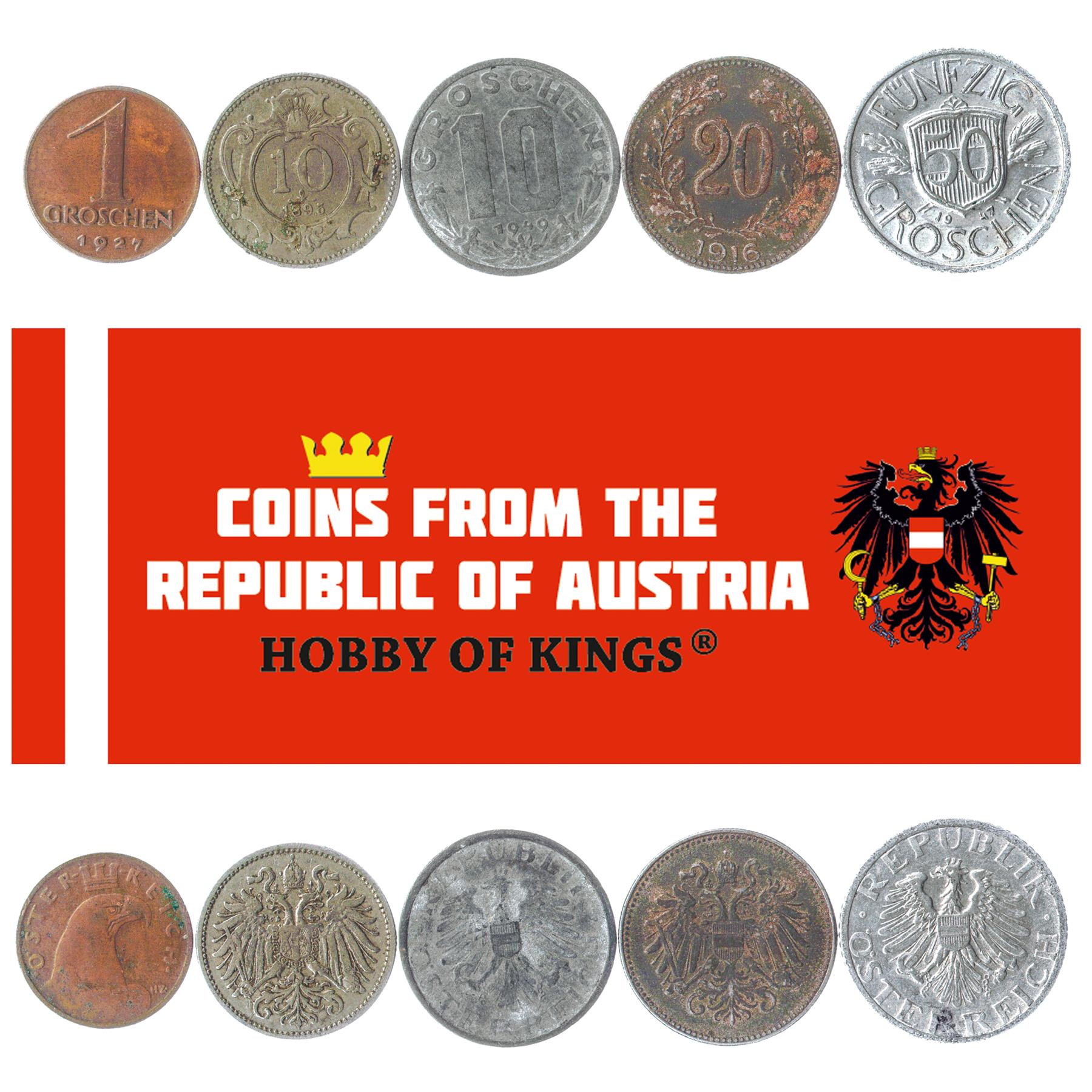 5 Old Coins From Austria Austro-Hungarian First And Second Republic 1892-1950