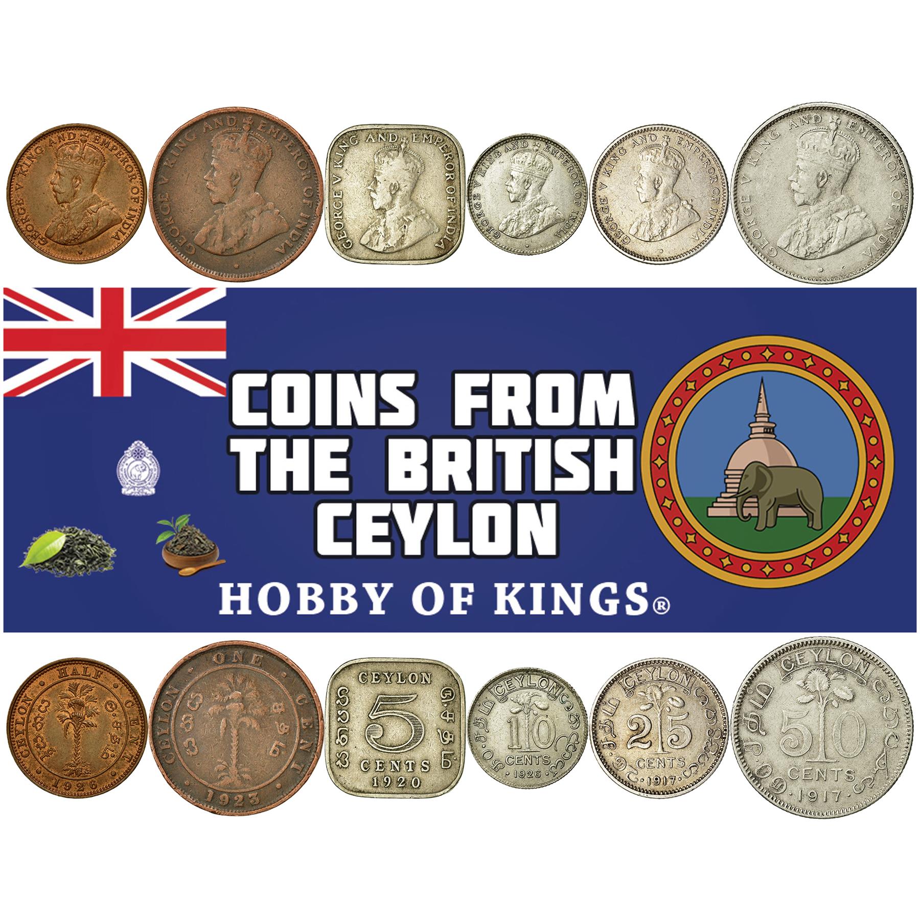 Sri Lankan 6 Coin Set 1/2 1 5 10 25 50 Cents | George V | Palm Trees | Ceylon | 1919 - 1929