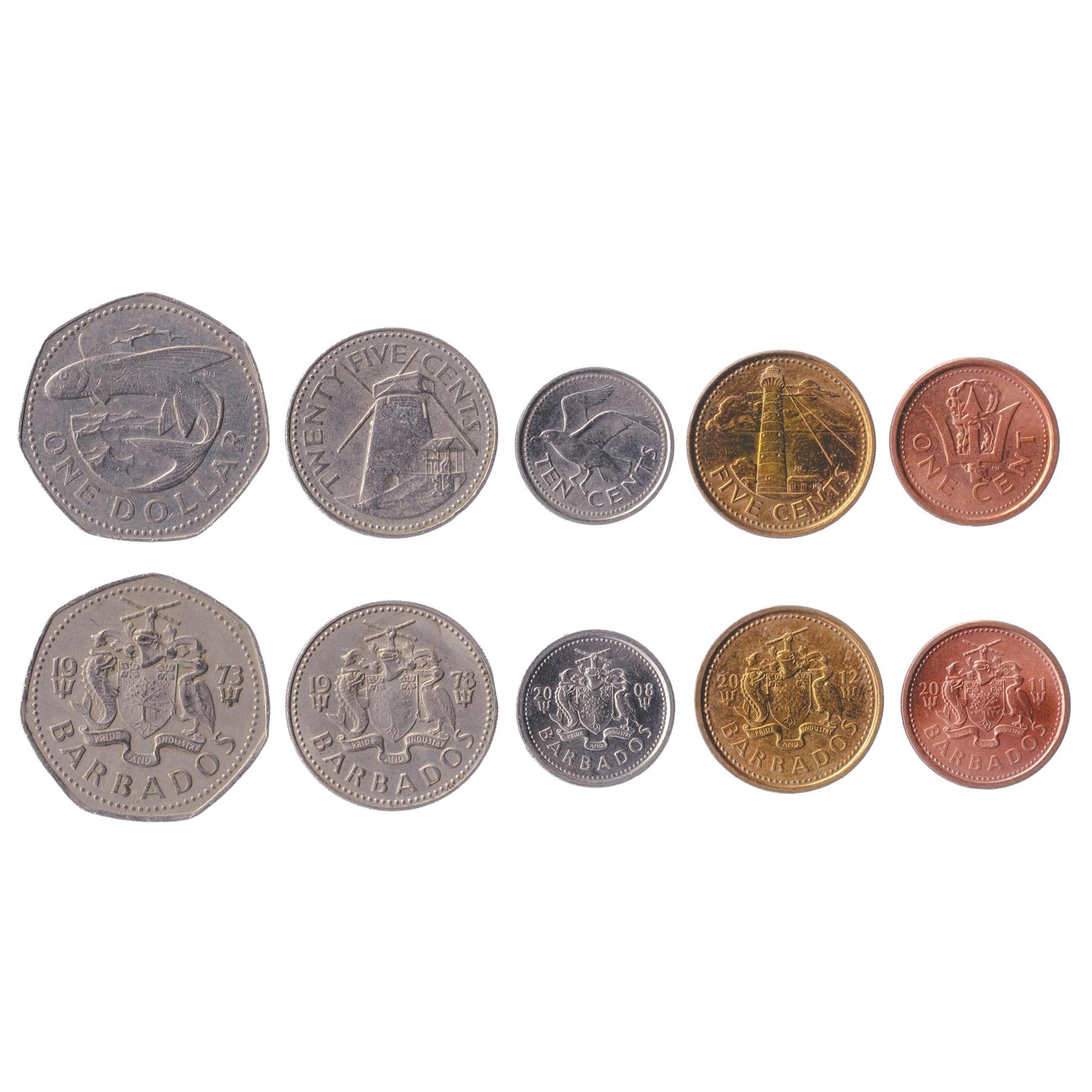 5 Barbados Coins Mixed Barbadian Currency Cents Dollar Trident Lighthouse Windmill Tern 1973 - 2020