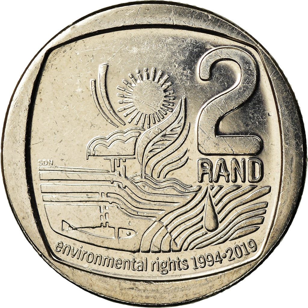 South Africa | 2 Rand Coin | Sun | Tree | Water | Fish | Environmental Rights | Km:695 | 2019