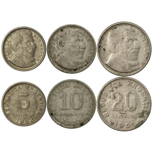 Argentine 3 Coin Set 5 10 20 Centavos | José de San Martín | 1951 - 1953
