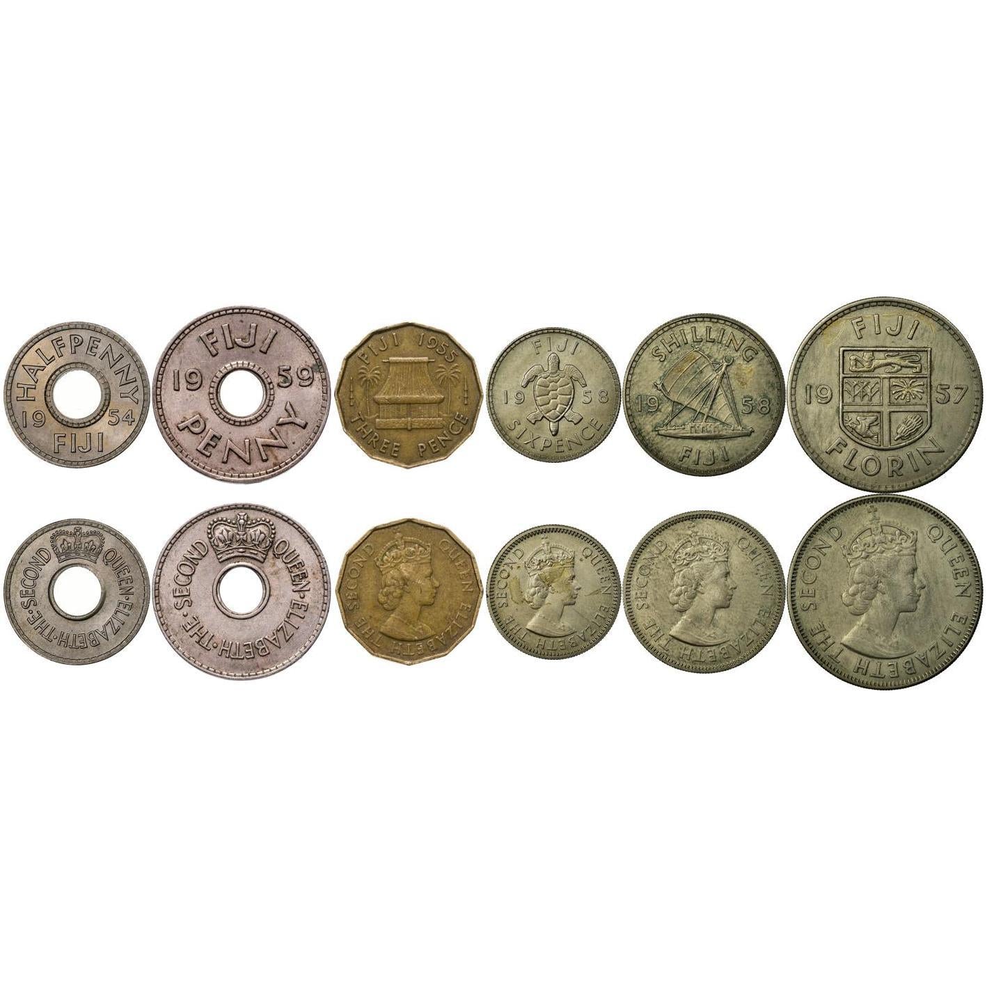 Fiji | 6 Coin Set | 1/2 1 Penny 3 6 Pence 1 Shilling 1 Florin | 1953 - 1968