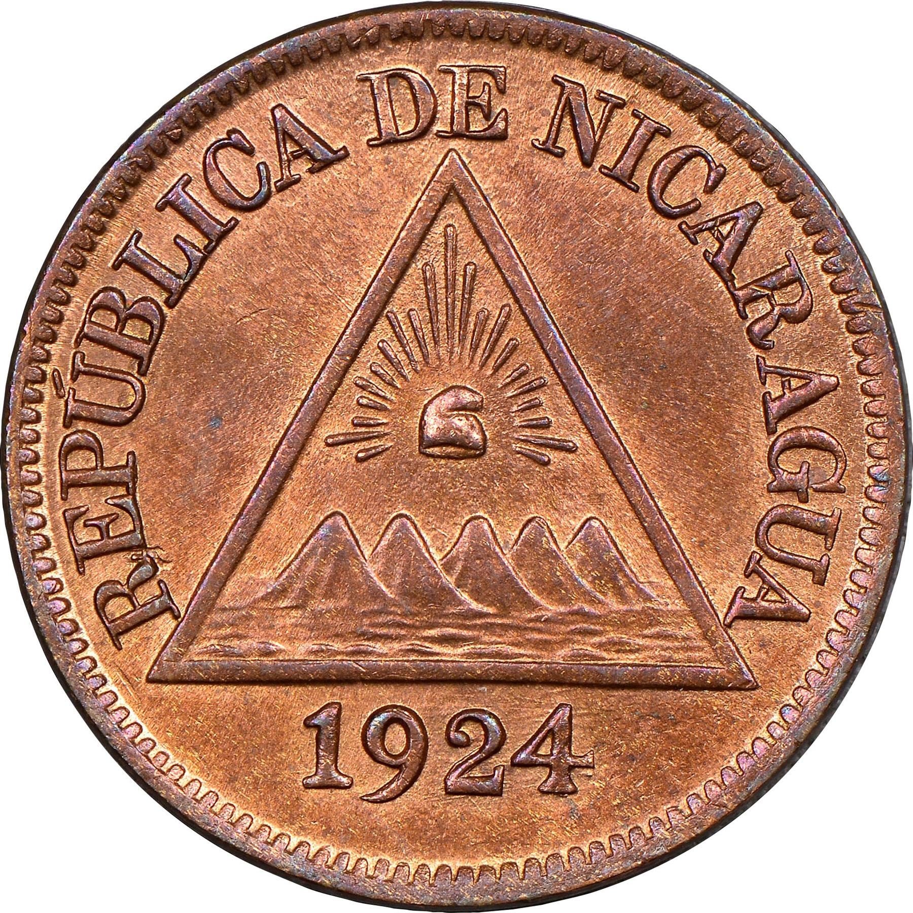 Nicaragua | 1/2 Centavo Coin | Volcanos | Sun Rays | Cap | Km:10 | 1912 - 1937