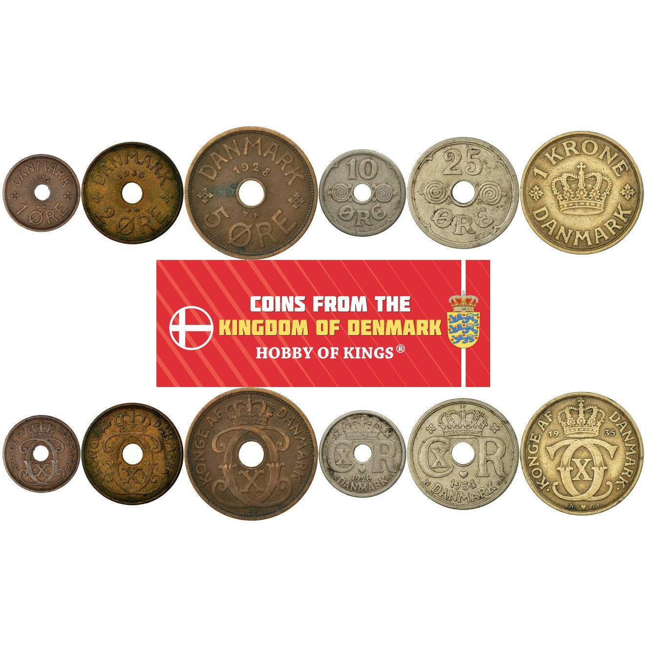 Denmark | 6 Coin Set | 1 2 5 10 25 Ore 1 Krone | 1924 - 1947