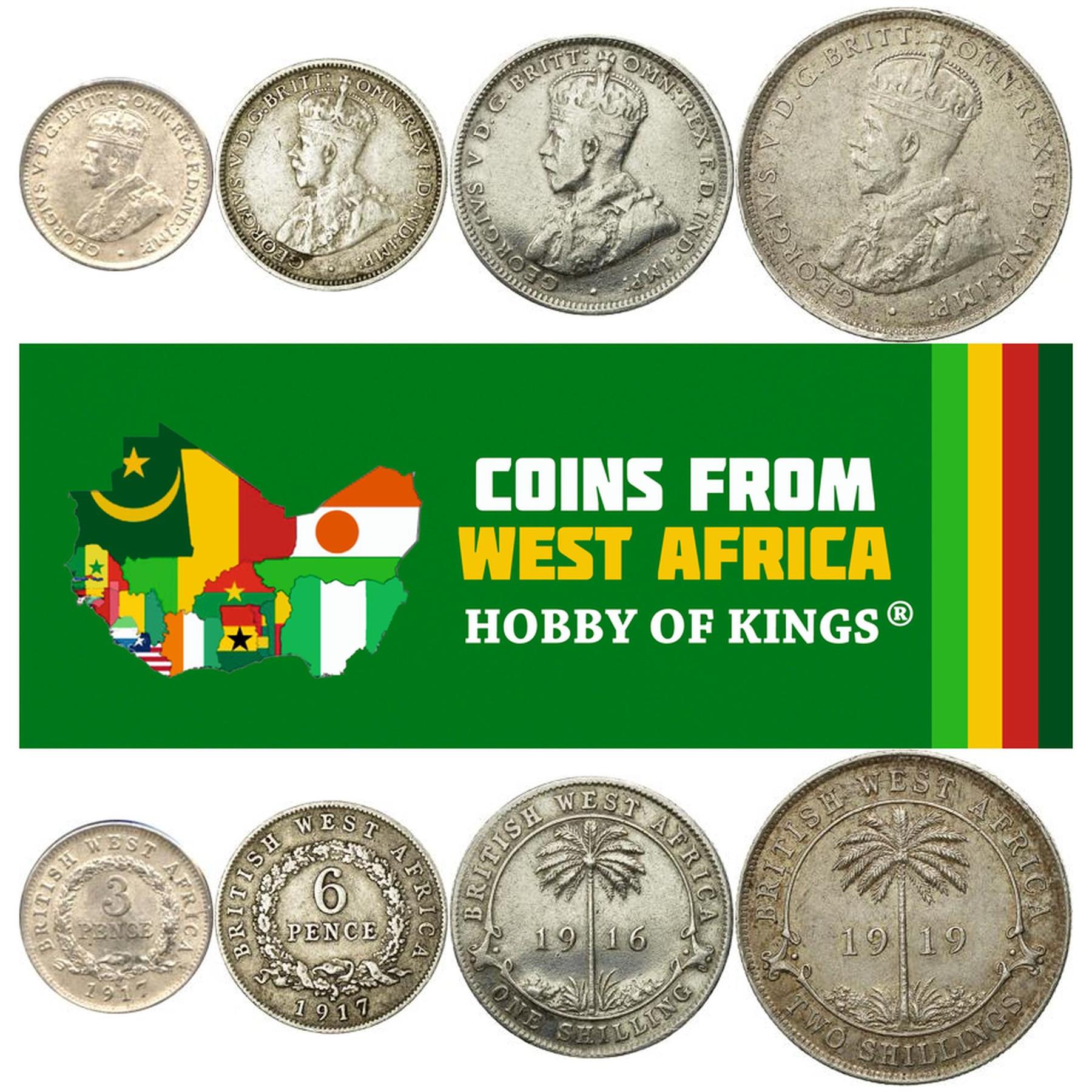 British West Africa | 4 Coin Set | 3 6 Pence 1 Shilling 2 Shillings | 1913 - 1920