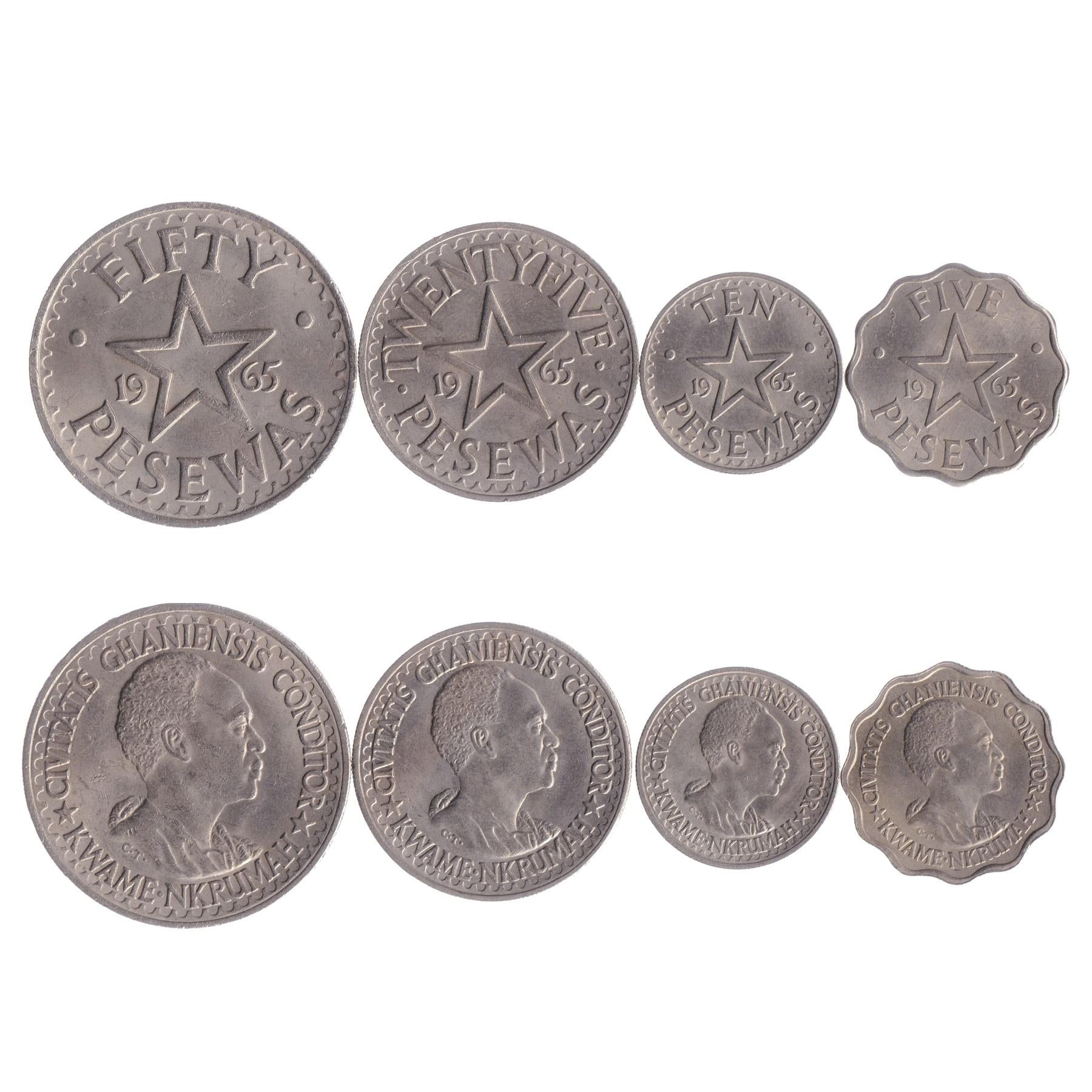 Ghanaian 4 Coin Set 5 10 25 50 Pesewas | Kwame Nkrumah | 5 pointed star | 1965