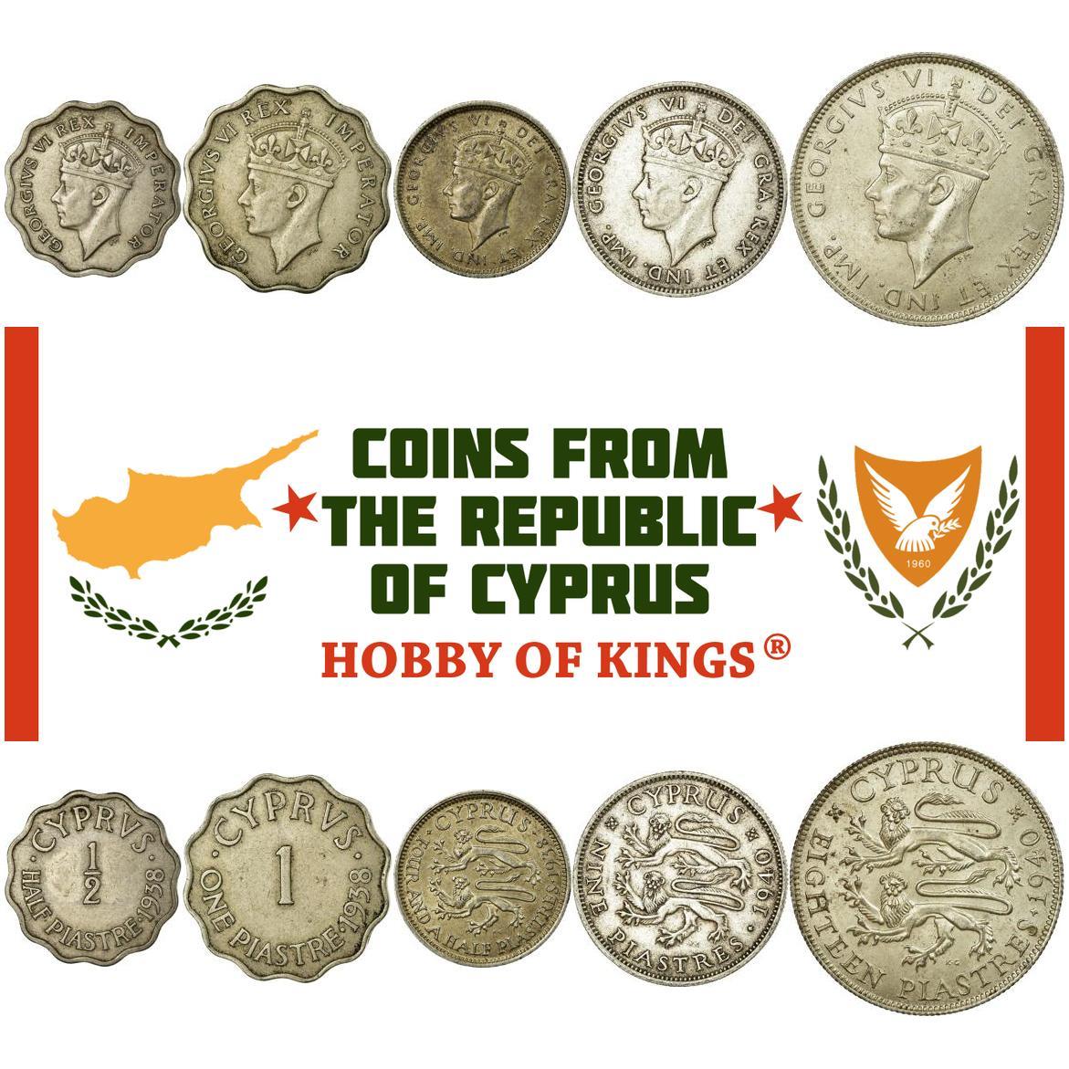 Cyprus | 5 Coin Set | 1/2 1 Piastre 4 1/2 9 18 Piastres | George VI | 1938 - 1940