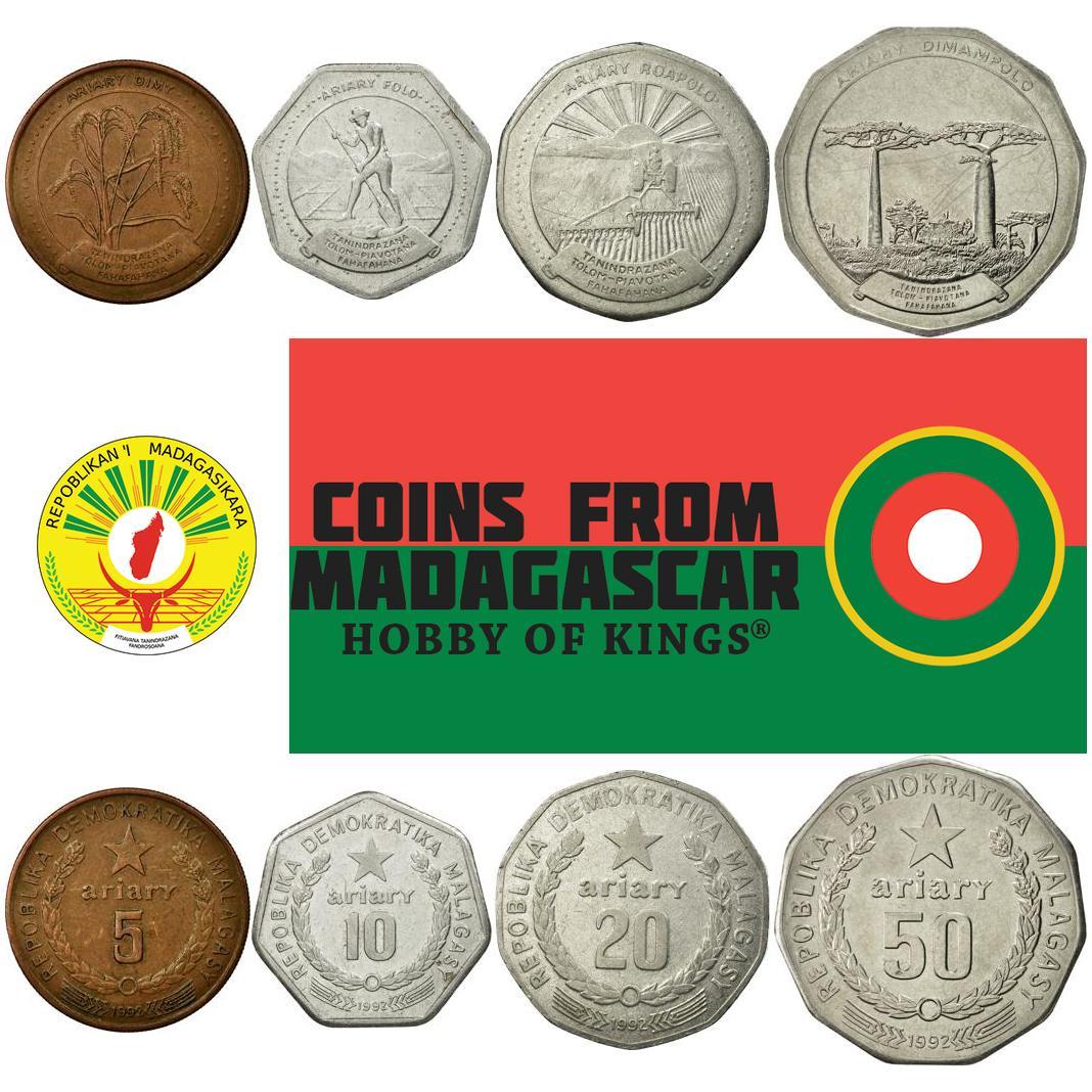 Madagascar | 4 Coin Set | 5 10 20 50 Ariary | 1992