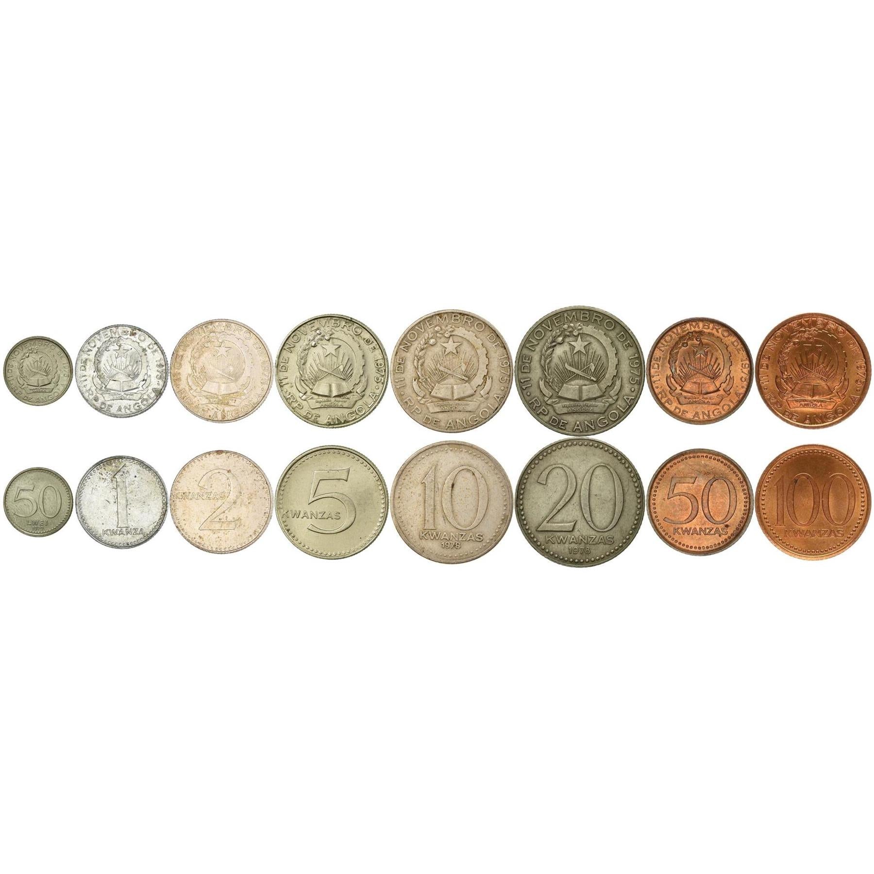 Angola | 8 Coin Set | 50 Lwei 1 Kwanza 2 5 10 20 50 100 Kwanzas | 1977 - 1991