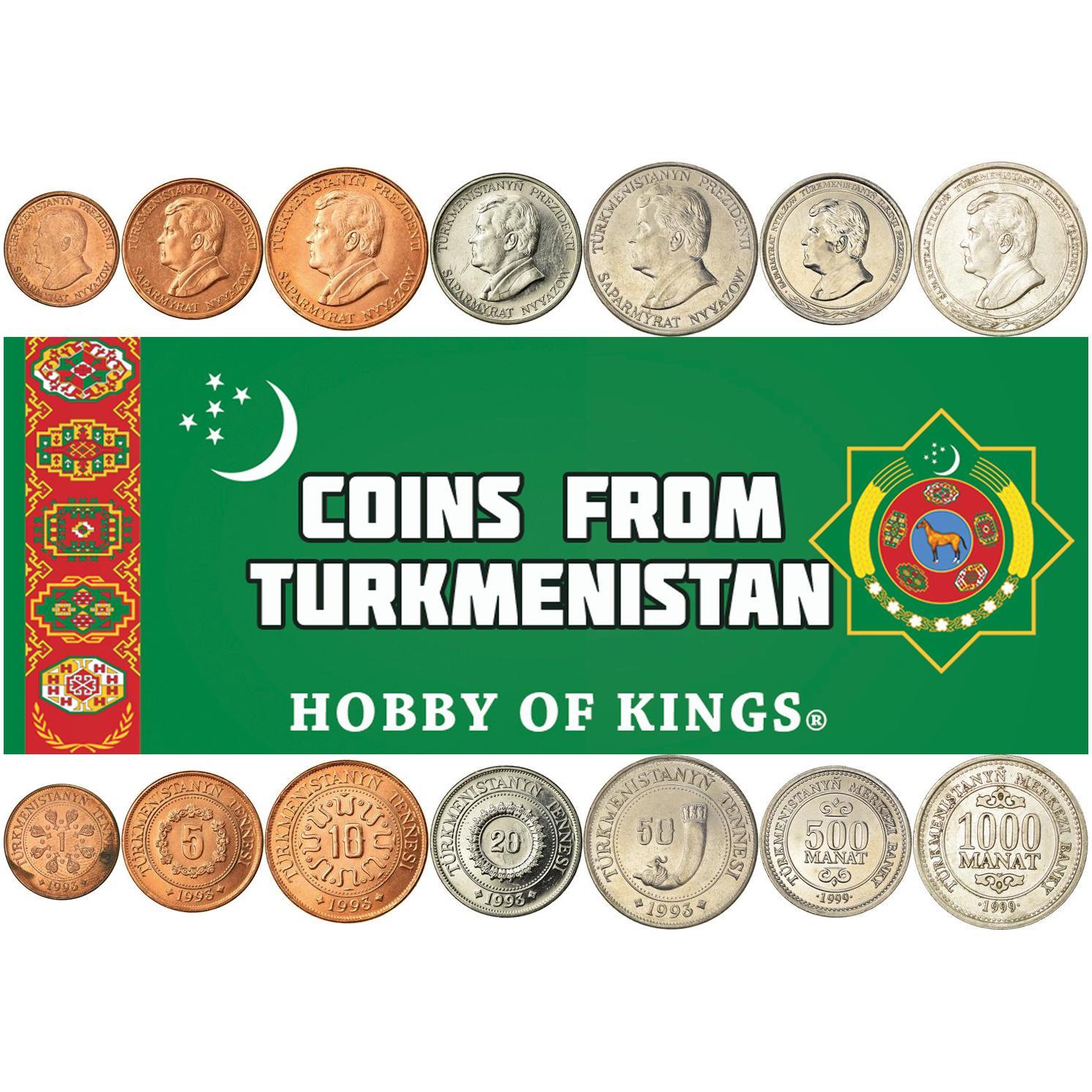 Turkmenistan | 7 Coin Set | 1 5 10 20 50 Tenne 500 1000 Manat | 1993 - 1999