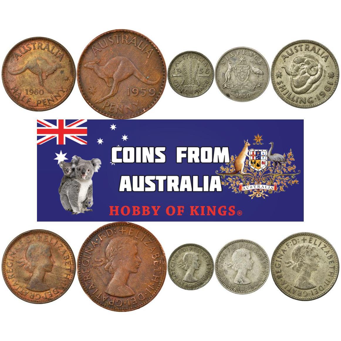 Australia | 5 Coin Set | 1/2 1 Penny 3 6 Pence 1 Shilling | 1955 - 1964