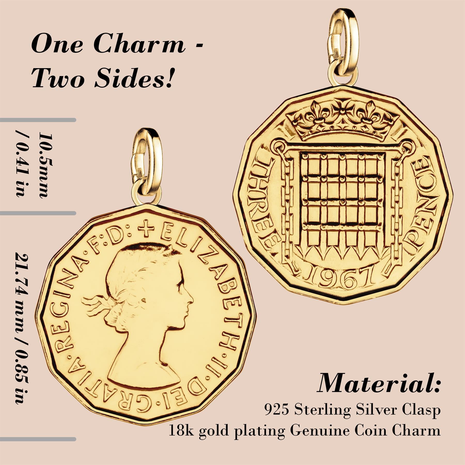 British 3 Pence Coin Charm | 925 Sterling Silver 18K Gold Plated | 1954 - 1970
