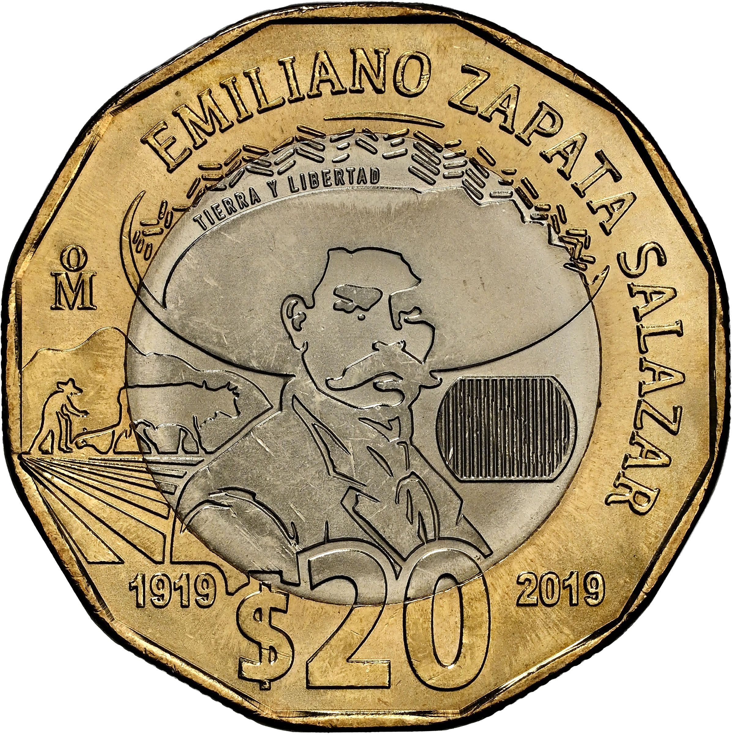 Mexico | 20 Pesos Coin | Emiliano Zapata Salazar | Bimetallic | KM:992 | 2019