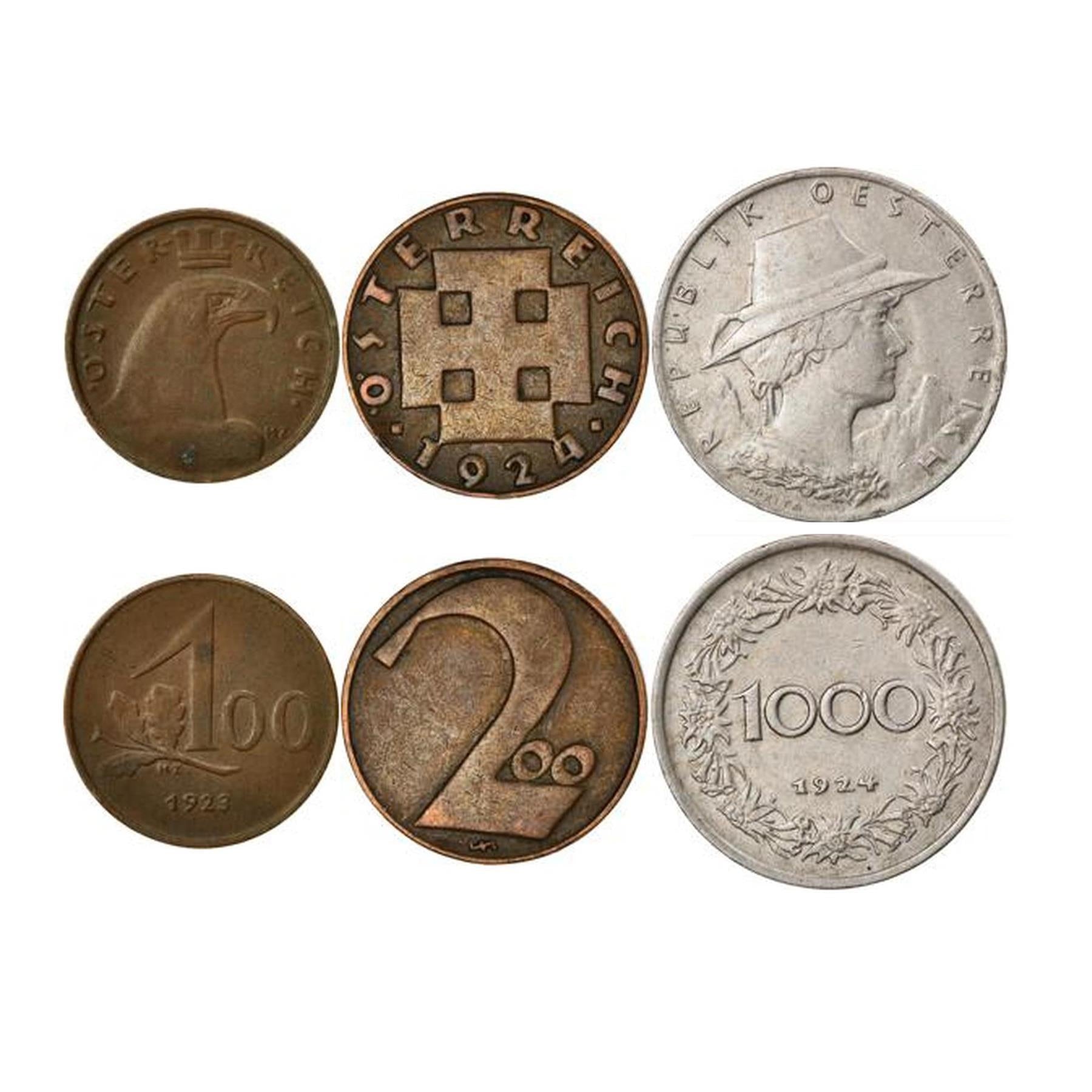 Austria | 3 Coin Set | 100 200 1000 Kroner | Crowned Eagle | Cross Potent | Tyrol Woman | Floral Wreath | 1923 - 1924