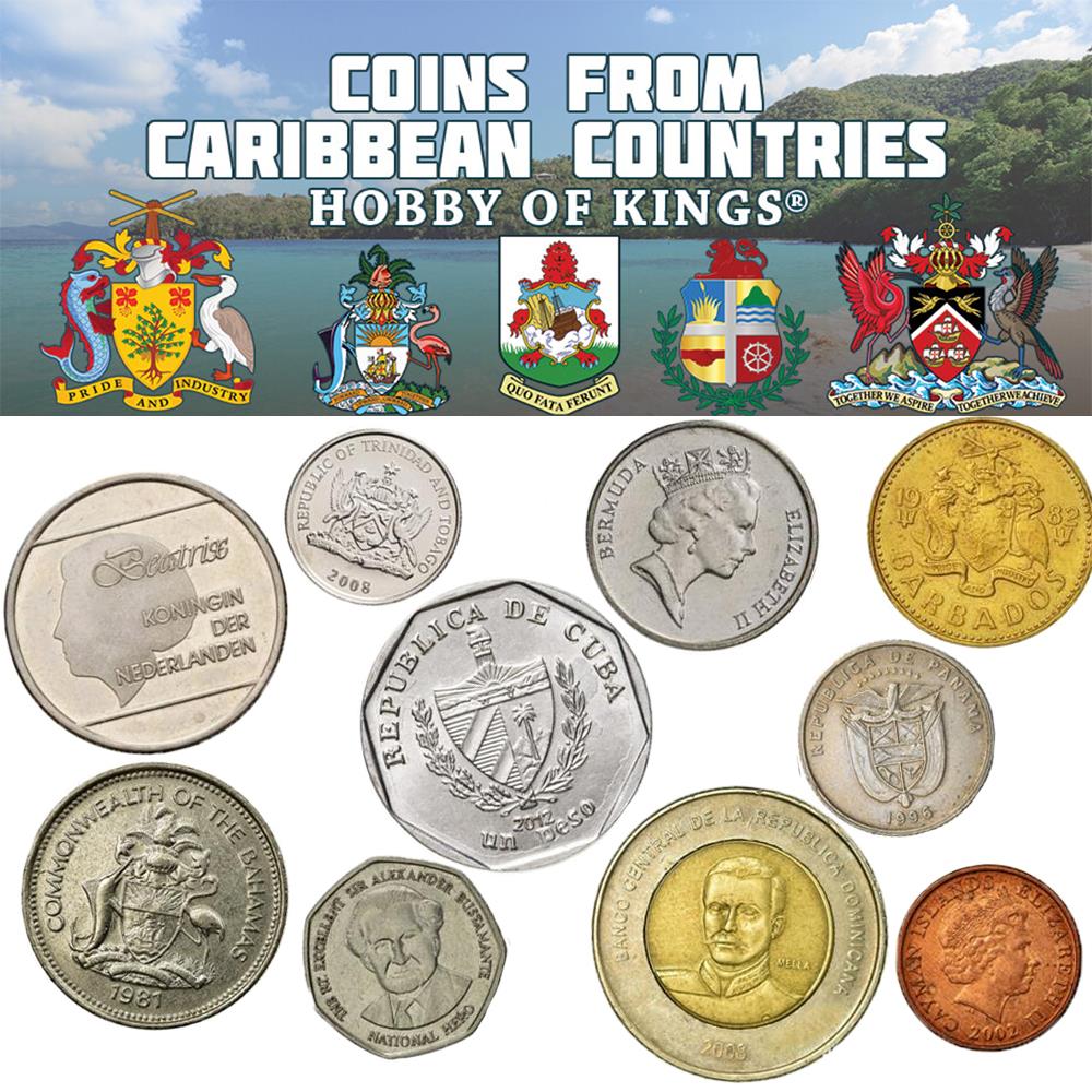 10 Island Coins – 10 Caribbean Countries – Real Circulated Currency with Wildlife & Cultural Designs