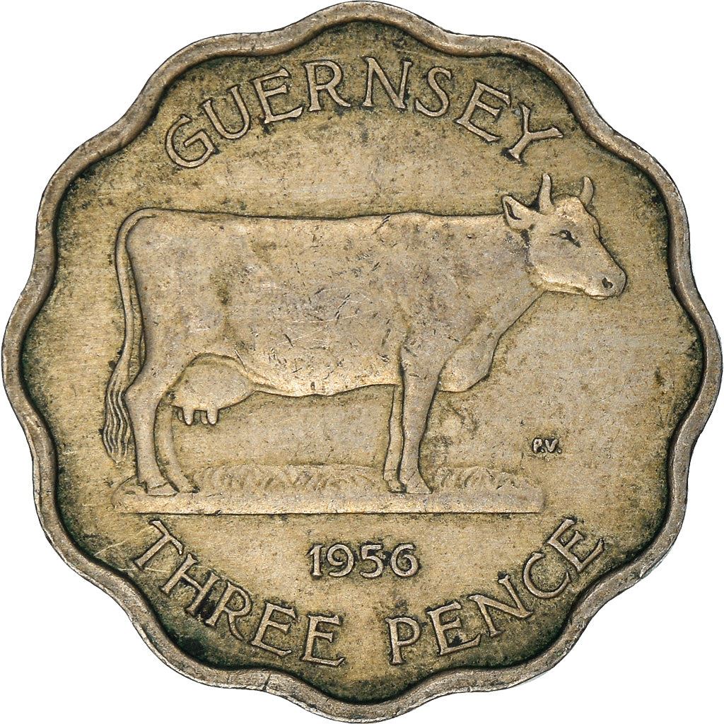 Pièce de 3 pence de Guernesey | Reine Elizabeth II | Bétail de Guernesey | KM17 | 1956