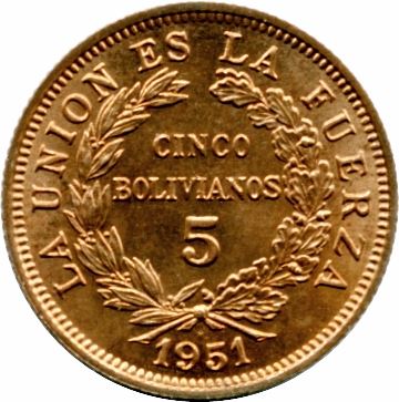 Bolivia 5 Bolivianos Coin | Olive Twig | KM185 | 1951