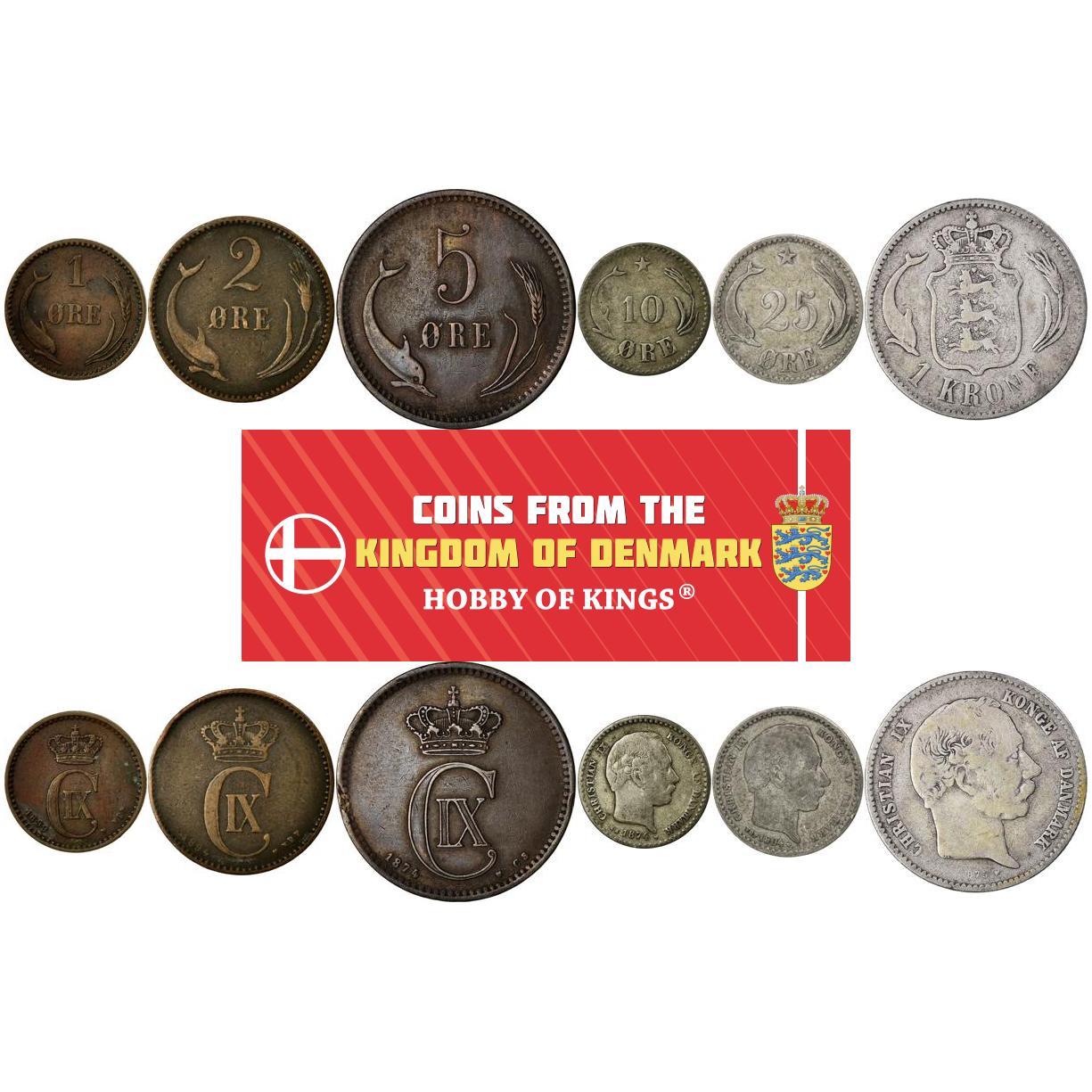 Denmark | 6 Coin Set | 1 2 5 10 25 Ore 1 Krone | 1874 - 1906