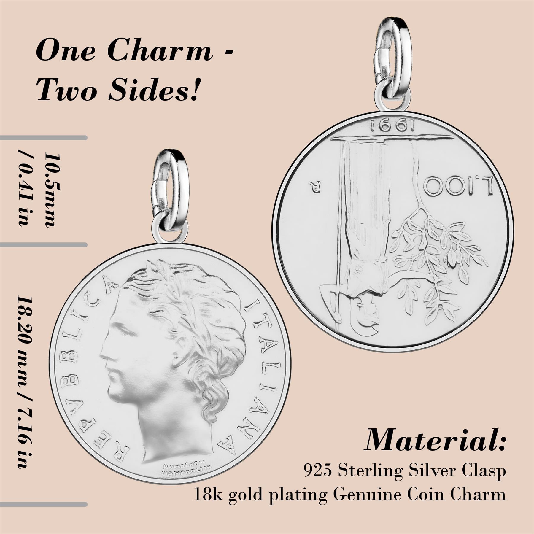 Italian 100 Lire Coin Charm | 925 Sterling Silver Rhodium Plated | 1990 - 1992