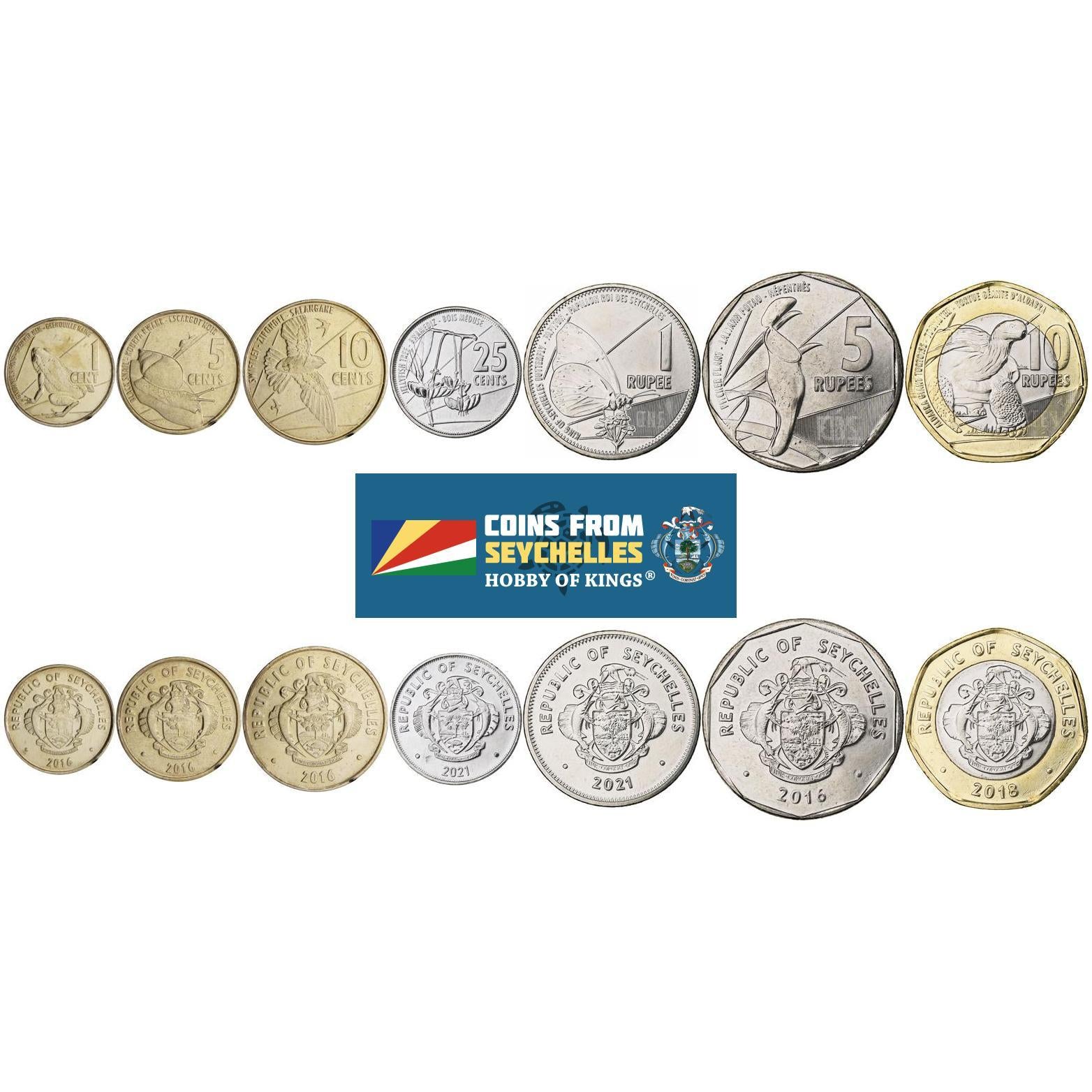 Seychelles | 7 Coin Set | 1 Cent 5 10 25 Cents 1 Rupee 5 10 Rupees | 2016 - 2022