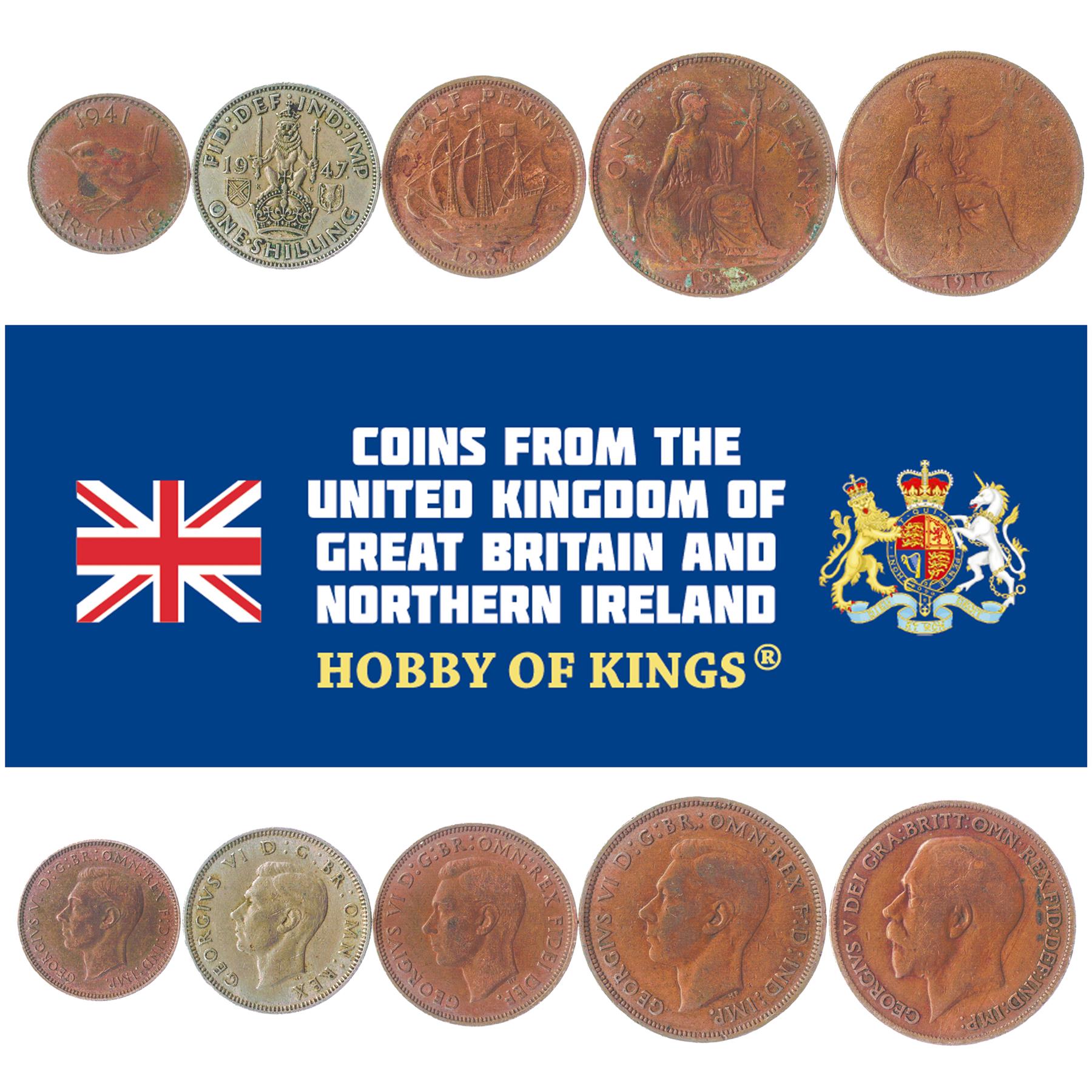 5 Old Coins From Great Britain United Kingdom Money 1838-1950 Kings And Queens