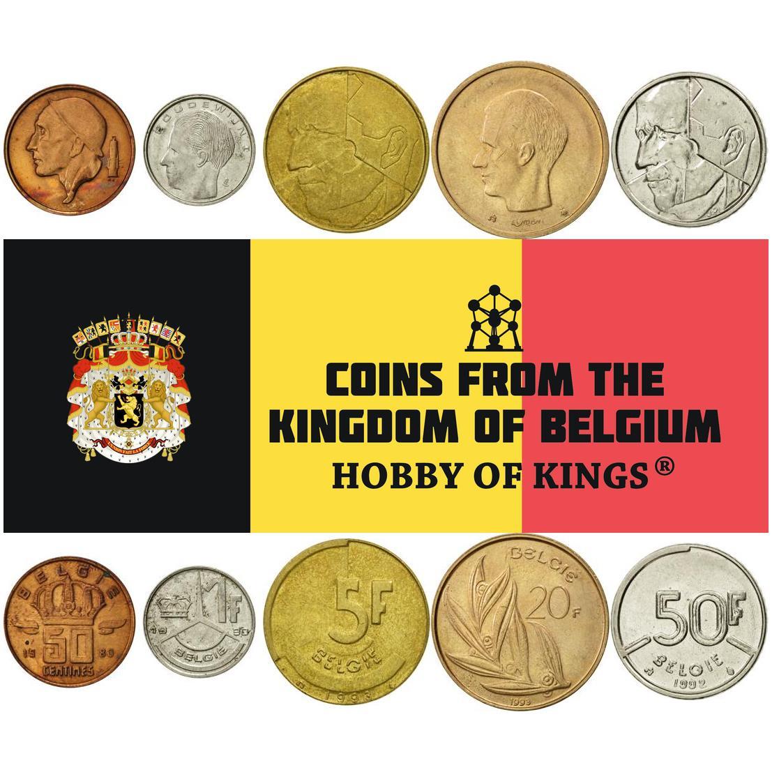 Belgian 5 Coin Set 50 Centimes 1 5 20 50 Francs | Olive branch | Lion | Star | Constitution | Ivy | Oak twig | 1980 - 1993