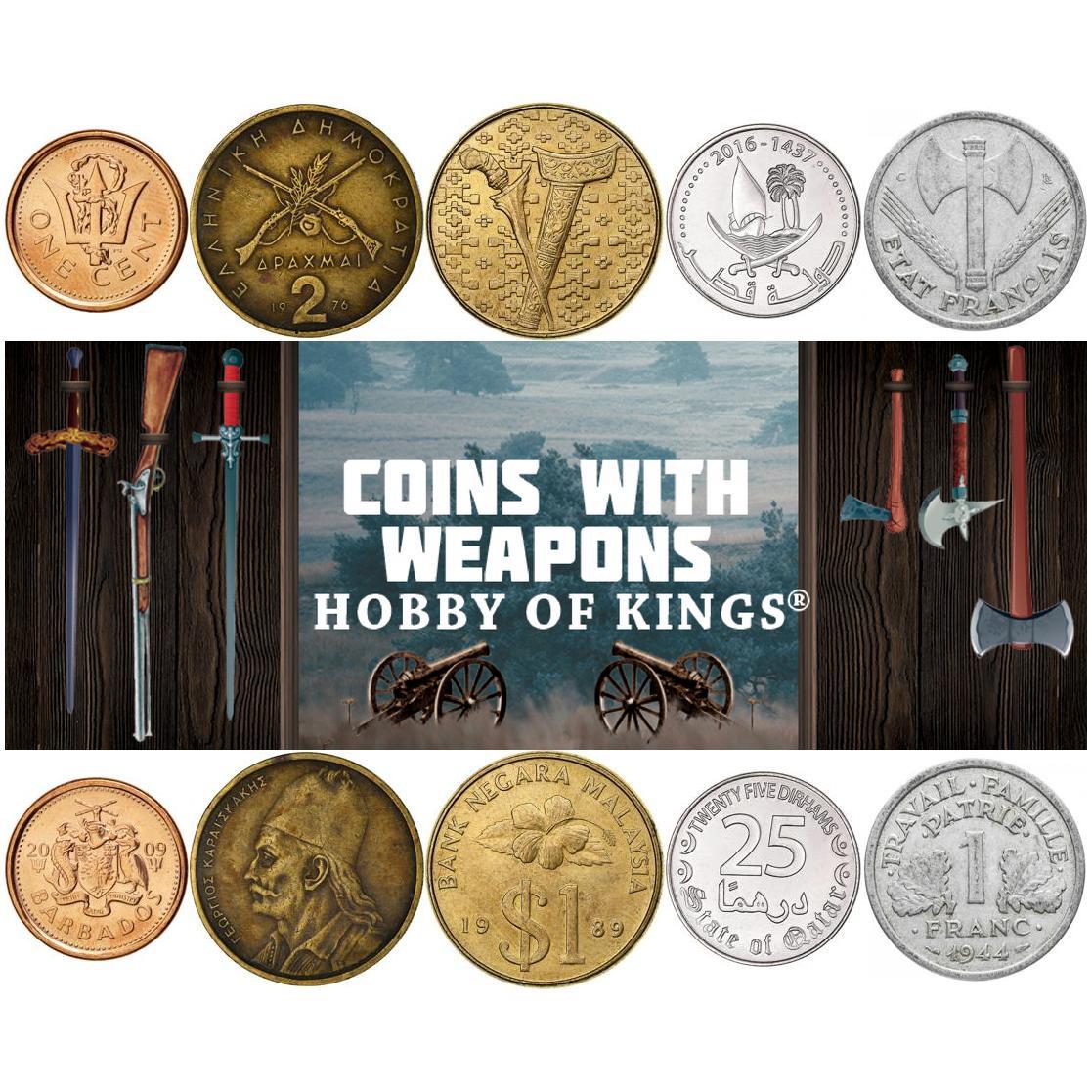 Weapon Coin Collection - Coins with Axes, Swords, Maces, Tridents, Muskets, Cannons - Historic Arms