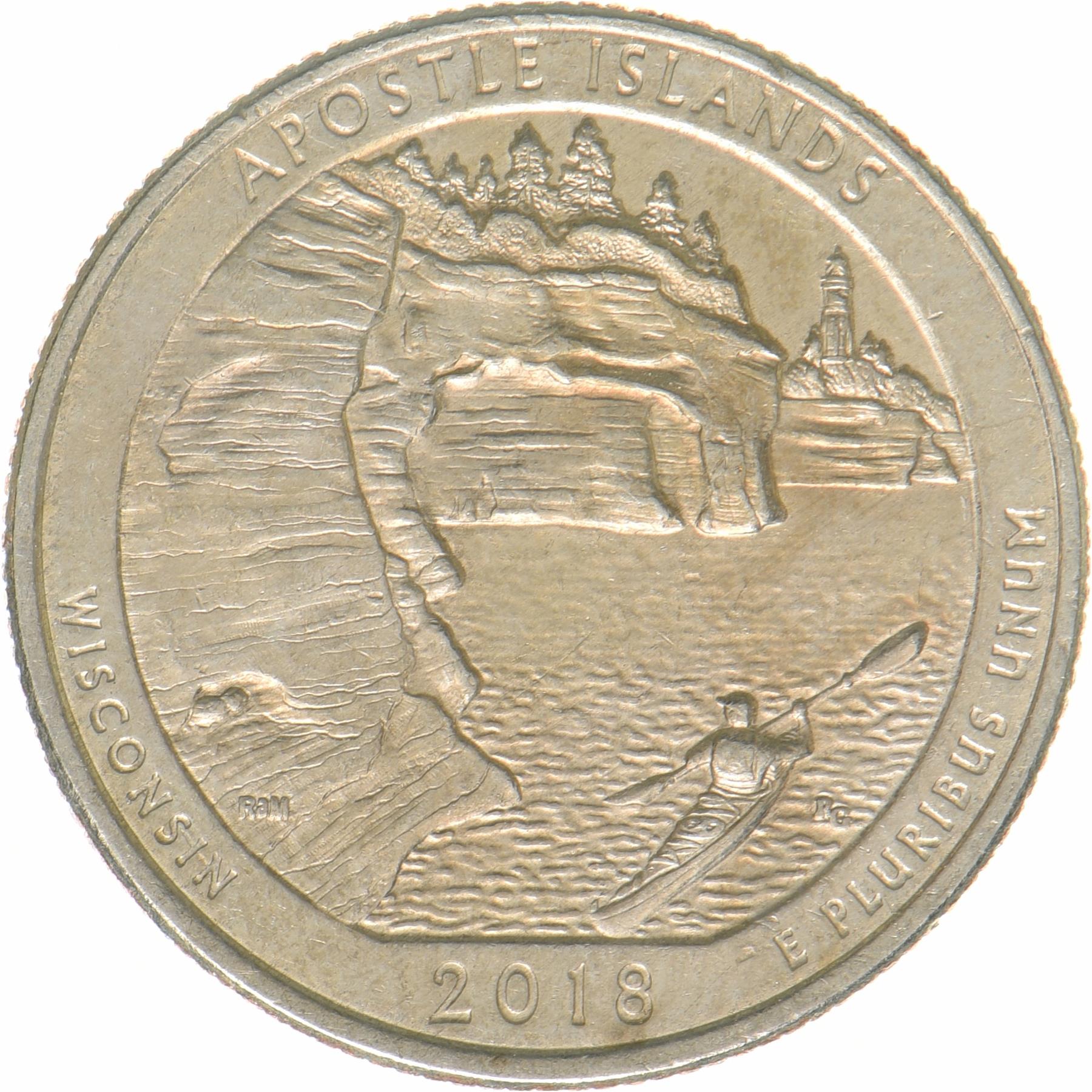 United States | ¼ Dollar Coin | Apostle Islands National Lakeshore, Wisconsin | Sea caves | Copper-nickel clad copper | KM:670 | 2018