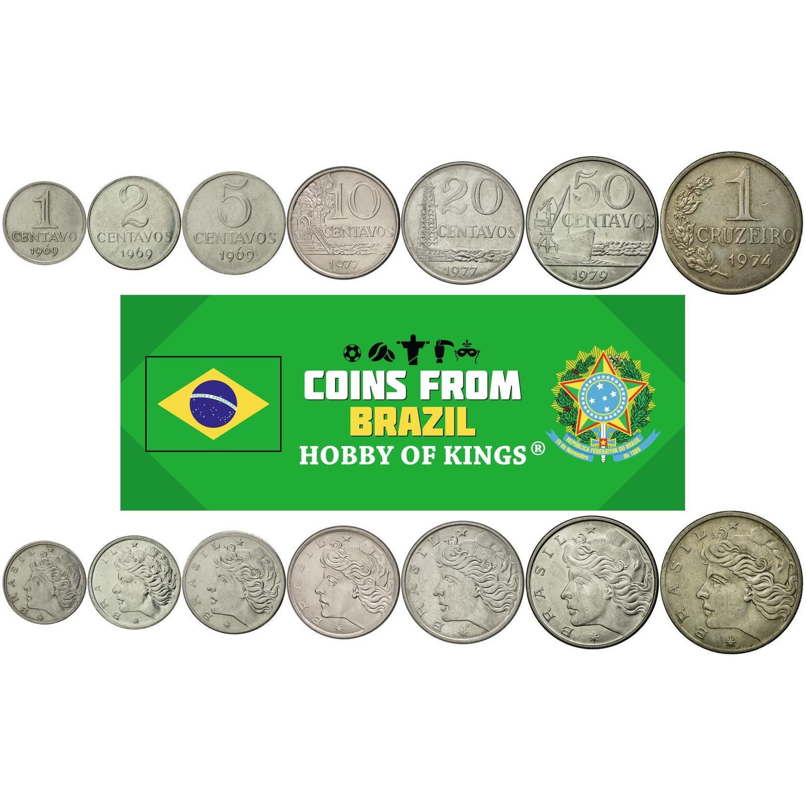 Brazil | 7 Coin Set | 1 Centavo 2 5 10 20 50 Centavos 1 Cruzeiro | 1969 - 1979