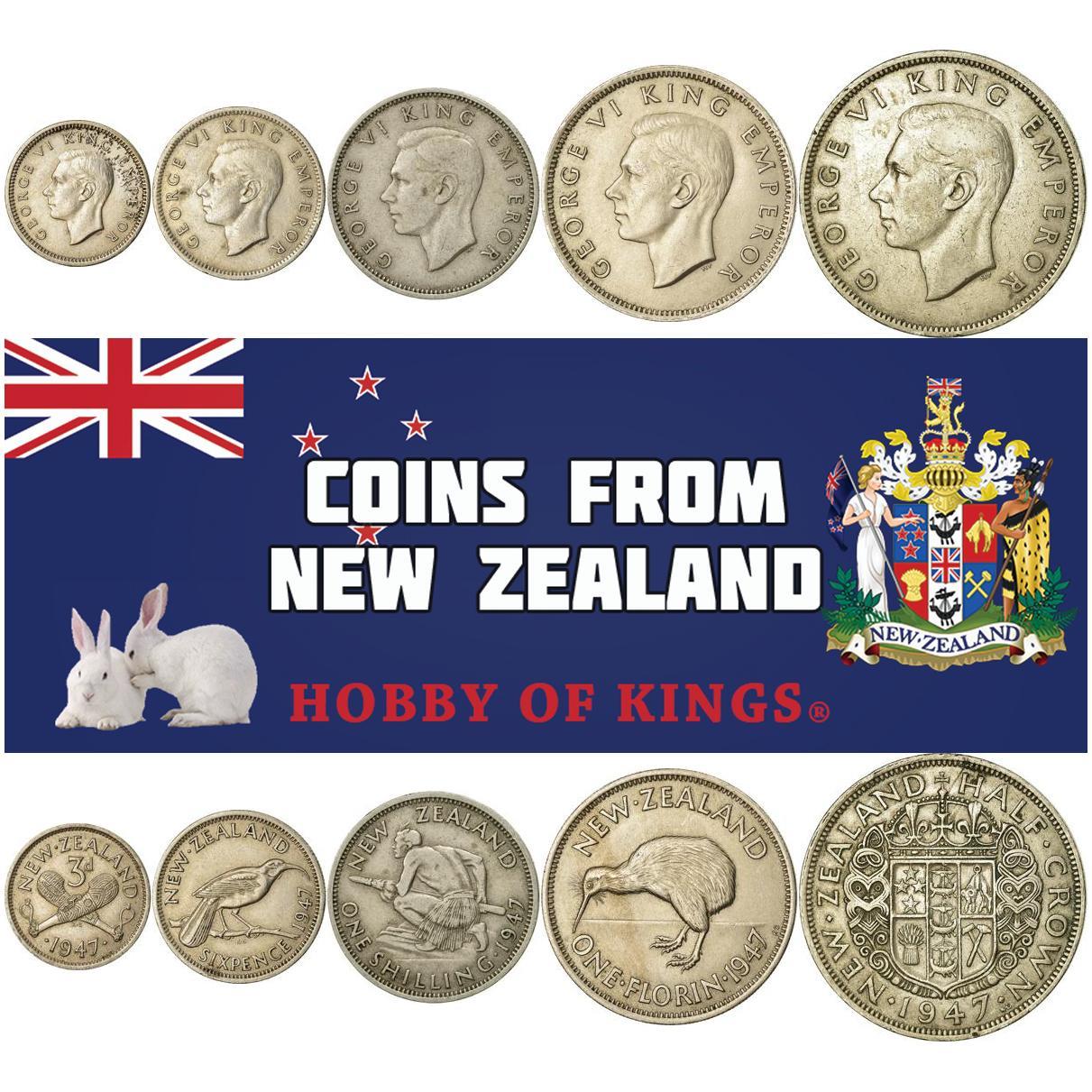 New Zealand | 5 Coin Set | 3 6 Pence 1 Shilling 1 Florin 1/2 Crown | 1947