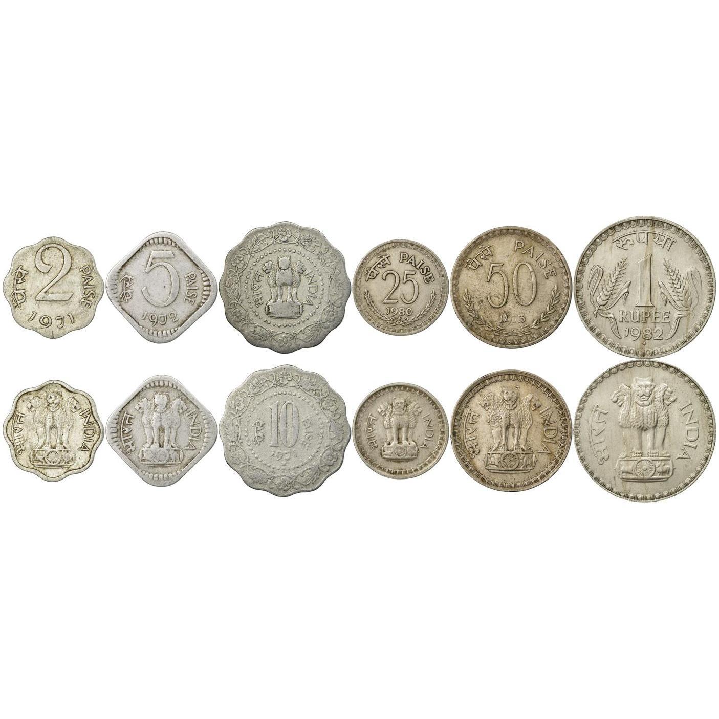 India | 6 Coin Set | 2 5 10 25 50 Paise 1 Rupee | 1965 - 1990