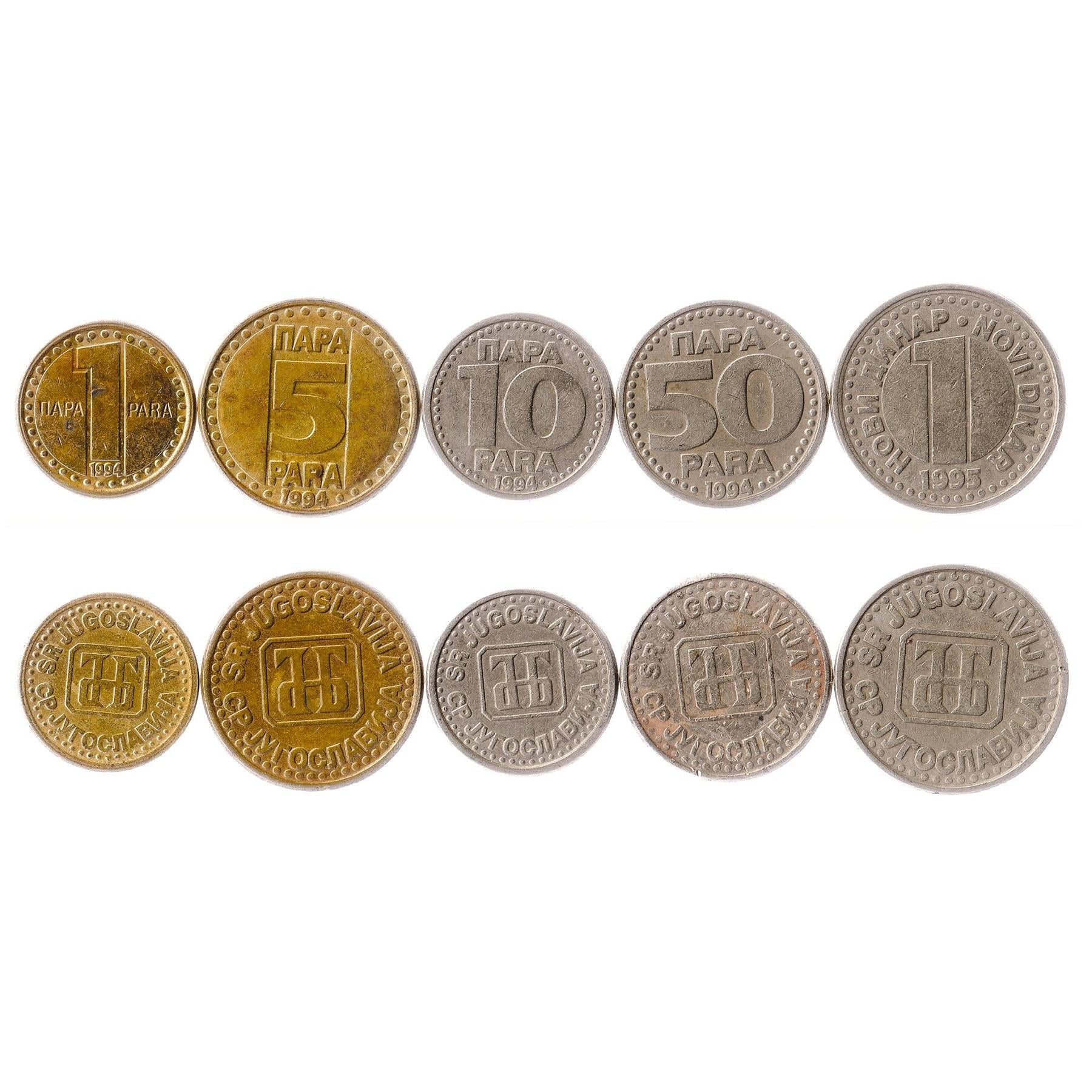 Yugoslav 5 Coin Set 1 5 10 50 Para 1 Novih Dinar | Yugoslavia Bank Monogram | 1994 - 1995
