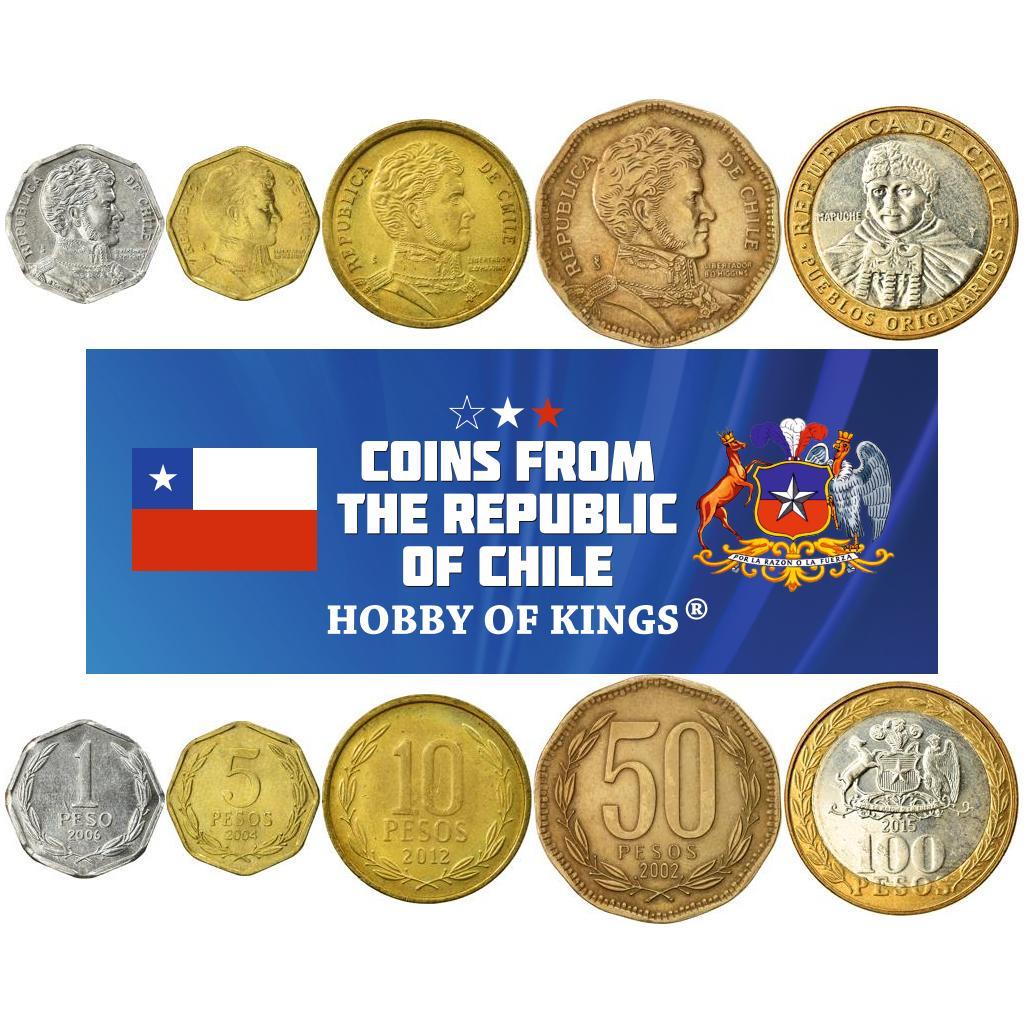 Chile | 5 Coin Set | 1 Peso 5 10 50 100 Pesos | Bernardo O'Higgins | Mapuche Indian Woman | 1981 - 2023