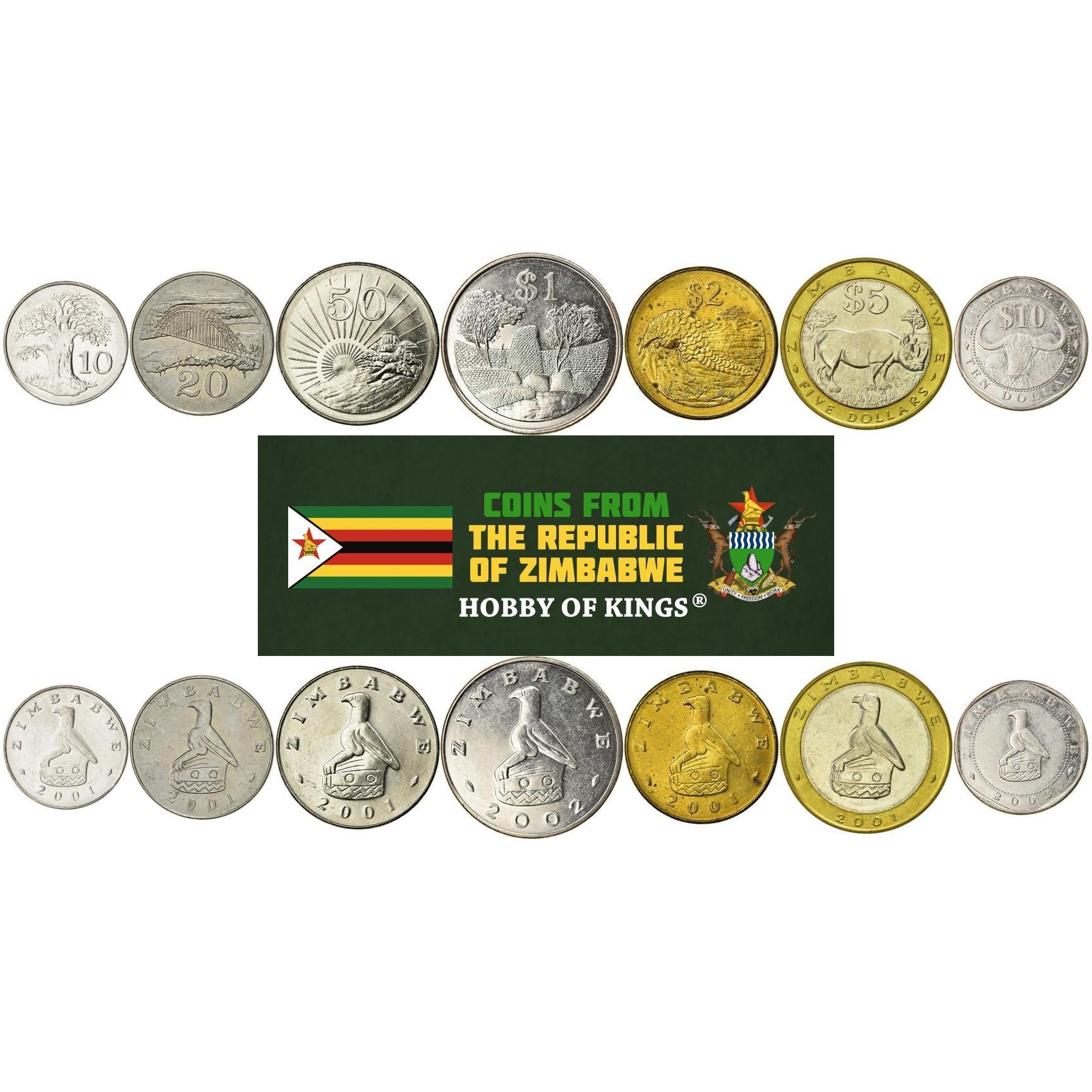 Zimbabwe | 7 Coin Set | 10 20 50 Cents 1 Dollar 2 5 10 Dollars | 2001 - 2003