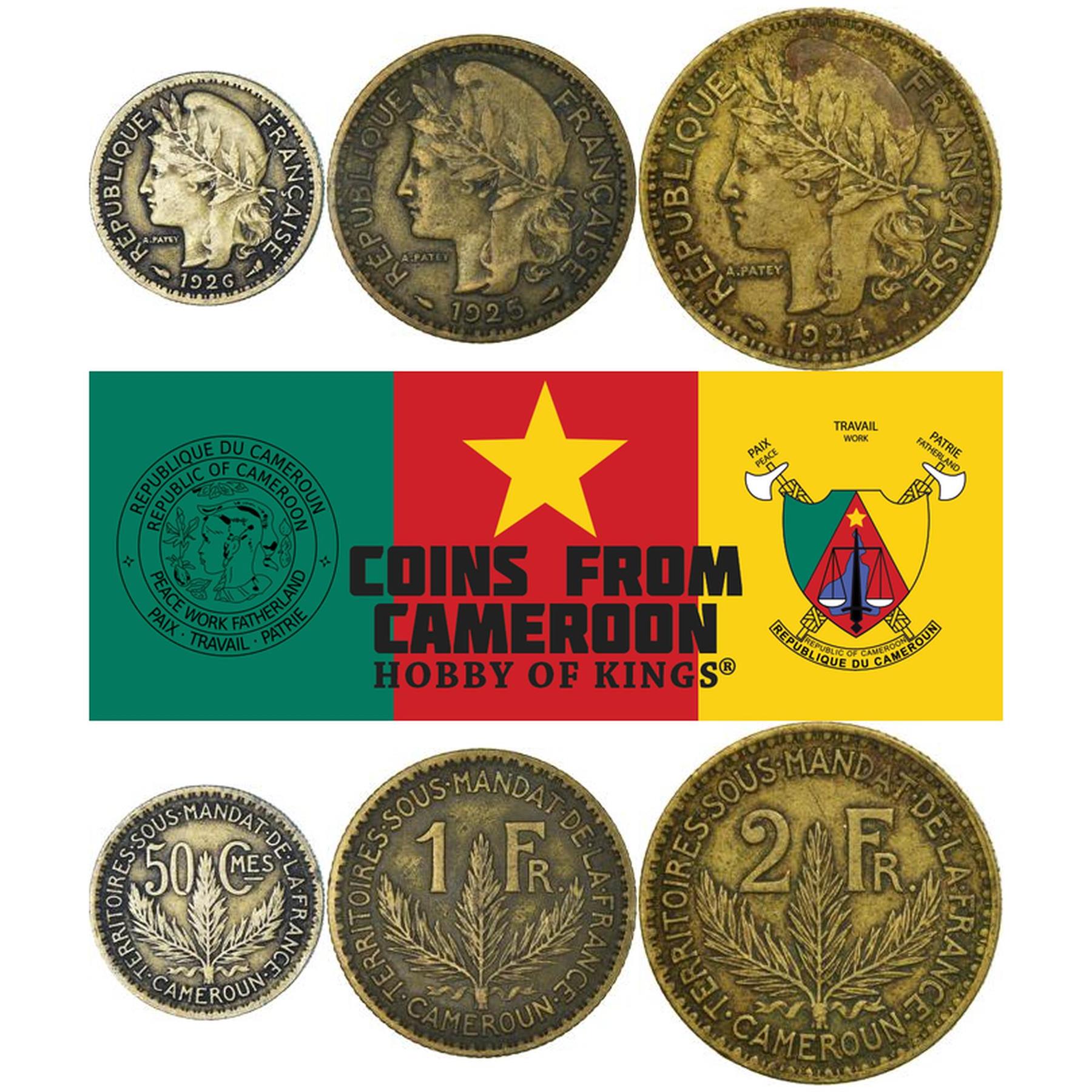 French Cameroon | 3 Coin Set | 50 Centimes 1 Franc 2 Francs | 1924 - 1926