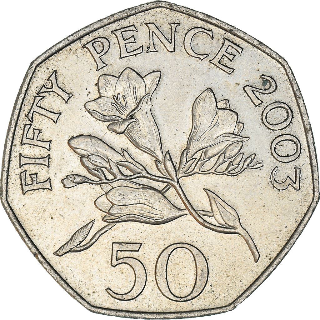 Pièce de 50 Pence Guernesey | Reine Elizabeth II | Fleur Freesia | KM156 | 2003 - 2012