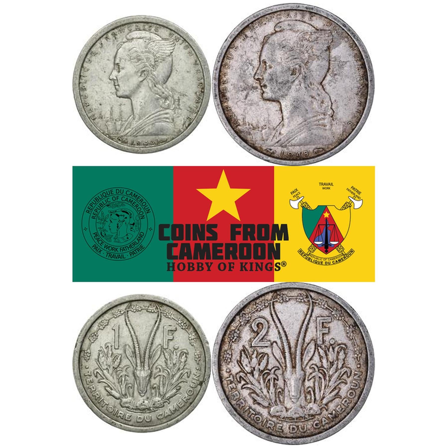 French Cameroon | 2 Coin Set | 1 Franc 2 Francs | 1948