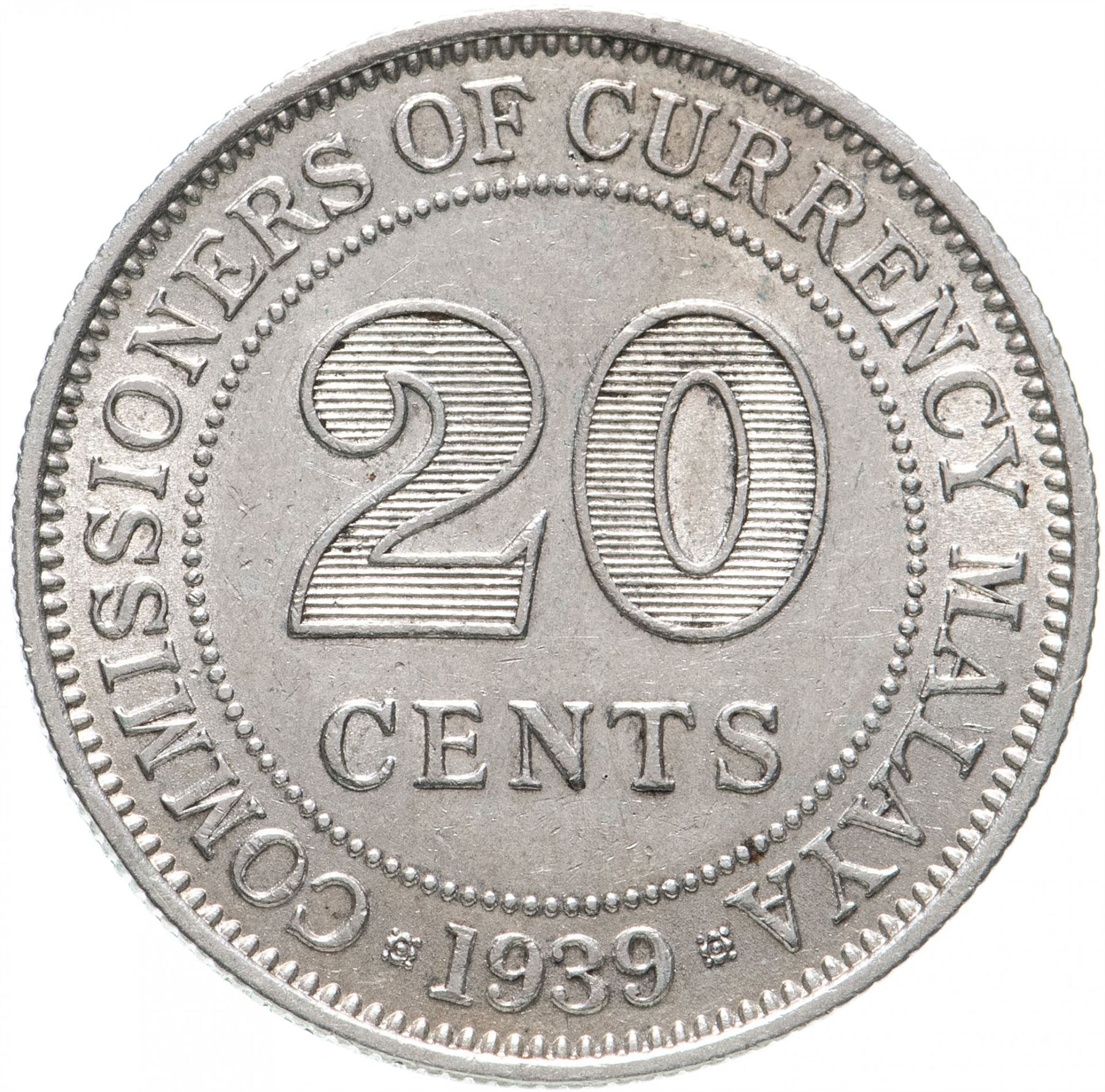 Malaya | 20 Cents Coin | George VI | Km:5 | 1939