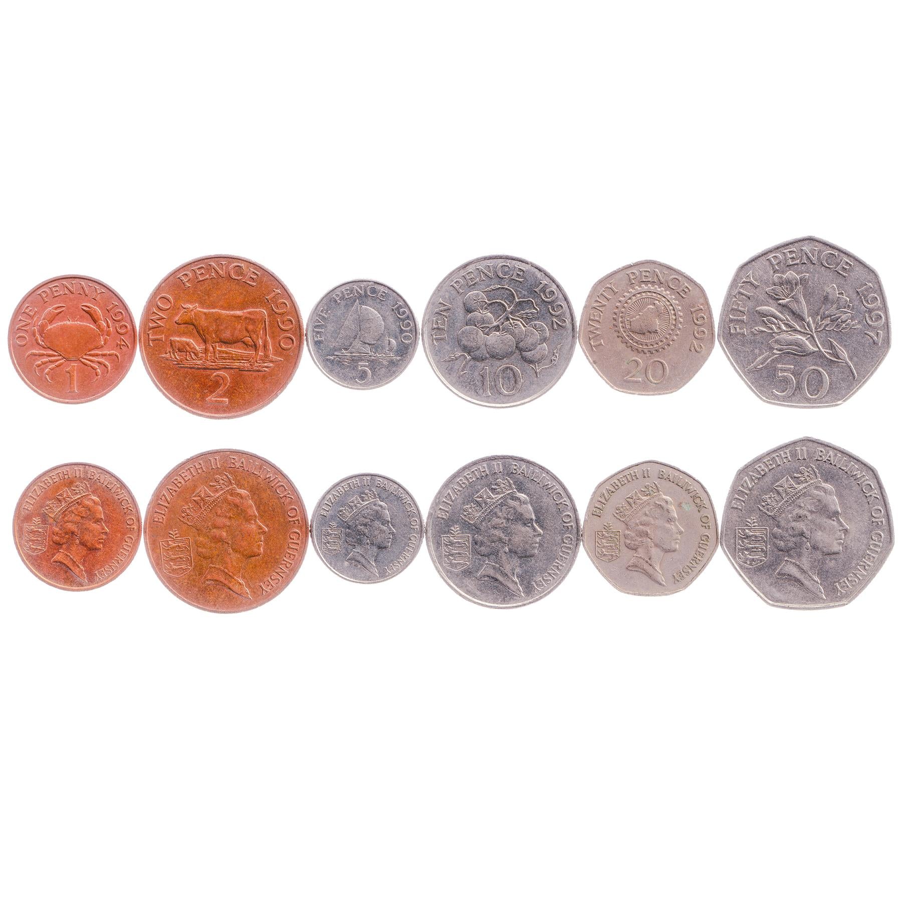 Giernésiais 6 Coin Set 1 2 5 10 20 50 Pence | Elizabeth II | Cattle | Crab | Tomato | Freesia | Cogwheel | Guernsey | 1990 - 1997