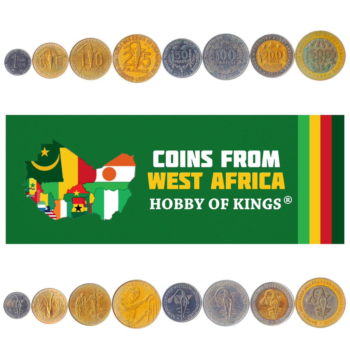 Jeu de 8 pièces d’Afrique de l’Ouest 1 5 10 25 50 100 200 500 francs | Noix | Gazelle | Poisson-scie | Banane | Maïs | 1976 - 2021