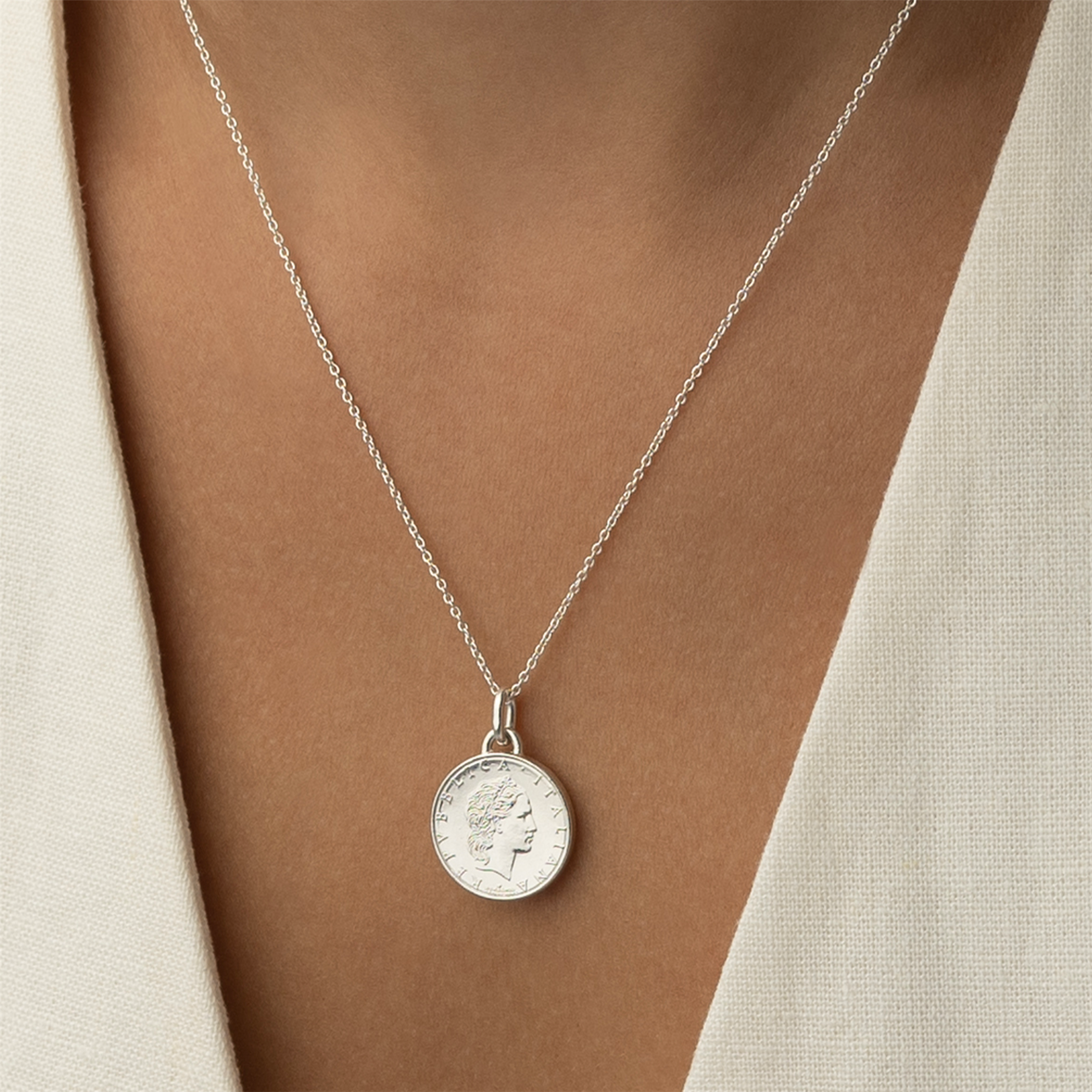 Italian Coin Necklace | Medallion Pendant Jewelry | Rhodium Plated 50 Lira | 1990 - 1995