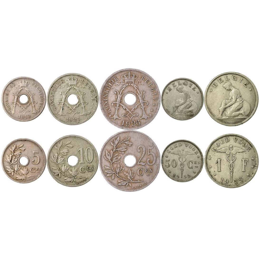 Belgium | 5 Coin Set | 5 10 25 50 Centimes 1 Franc | 1910 - 1935