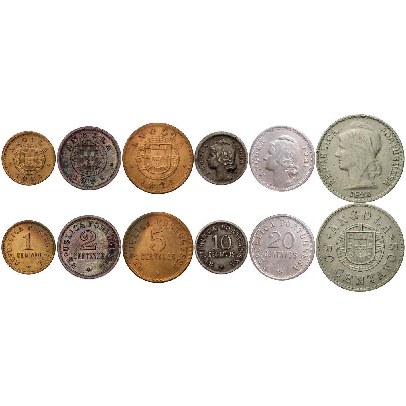 Angola | 6 Coin Set | 1 Centavo 2 5 10 20 50 Centavos | 1921 - 1924