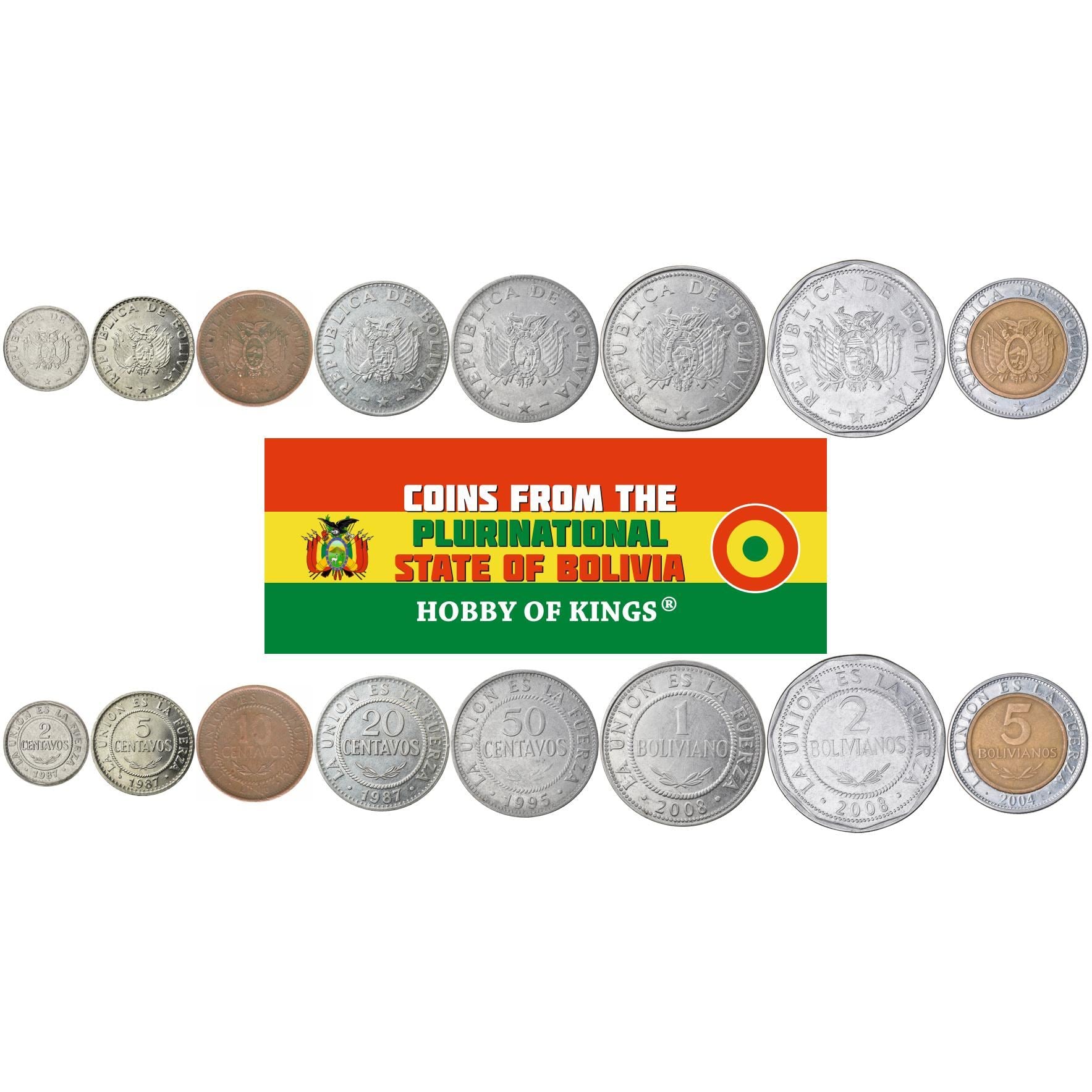 Bolivia | 8 Coin Set | 2 5 10 20 50 Centavos 1 2 5 Bolivianos | 1987 - 2008
