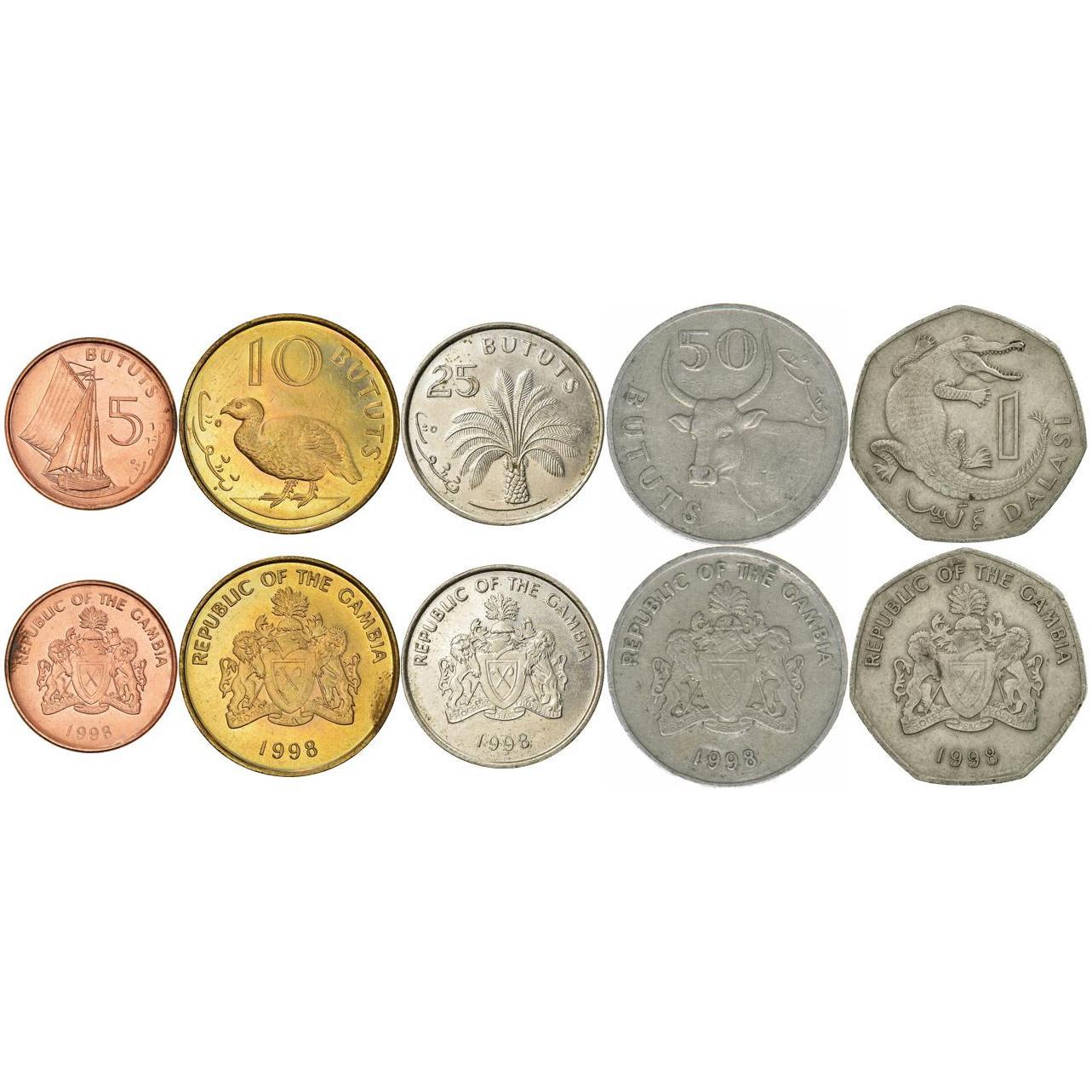The Gambia | 5 Coin Set | 5 10 25 50 Bututs 1 Dalasi | 1998