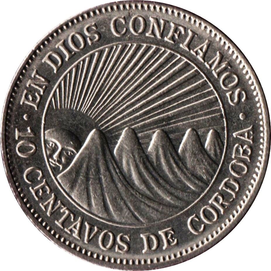 Nicaragua | 10 Centavos Coin | Explorer | Sun | Volcanos | Km:17.2A | 1972