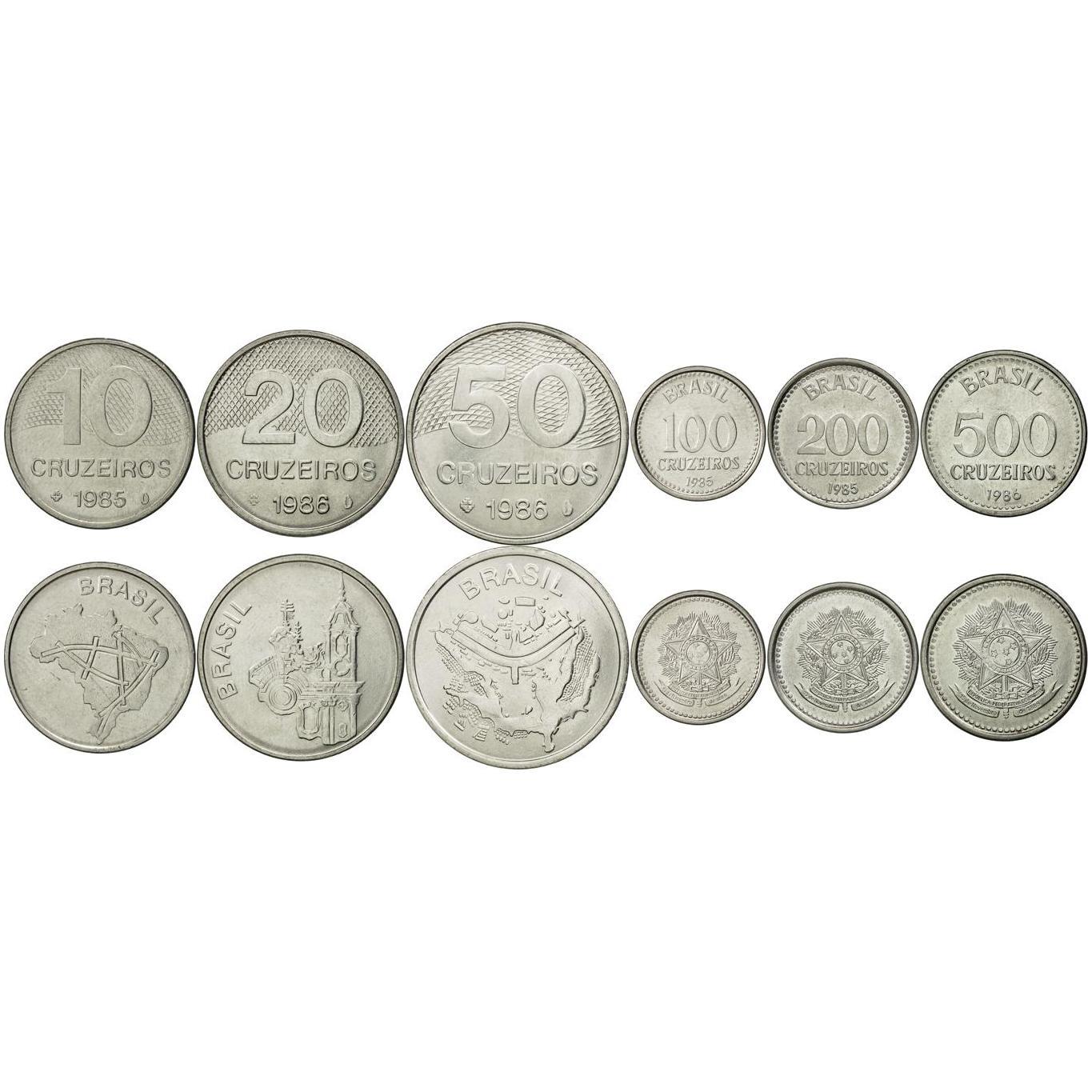 Brazil | 6 Coin Set | 10 20 50 100 200 500 Cruzeiros | 1985 - 1986