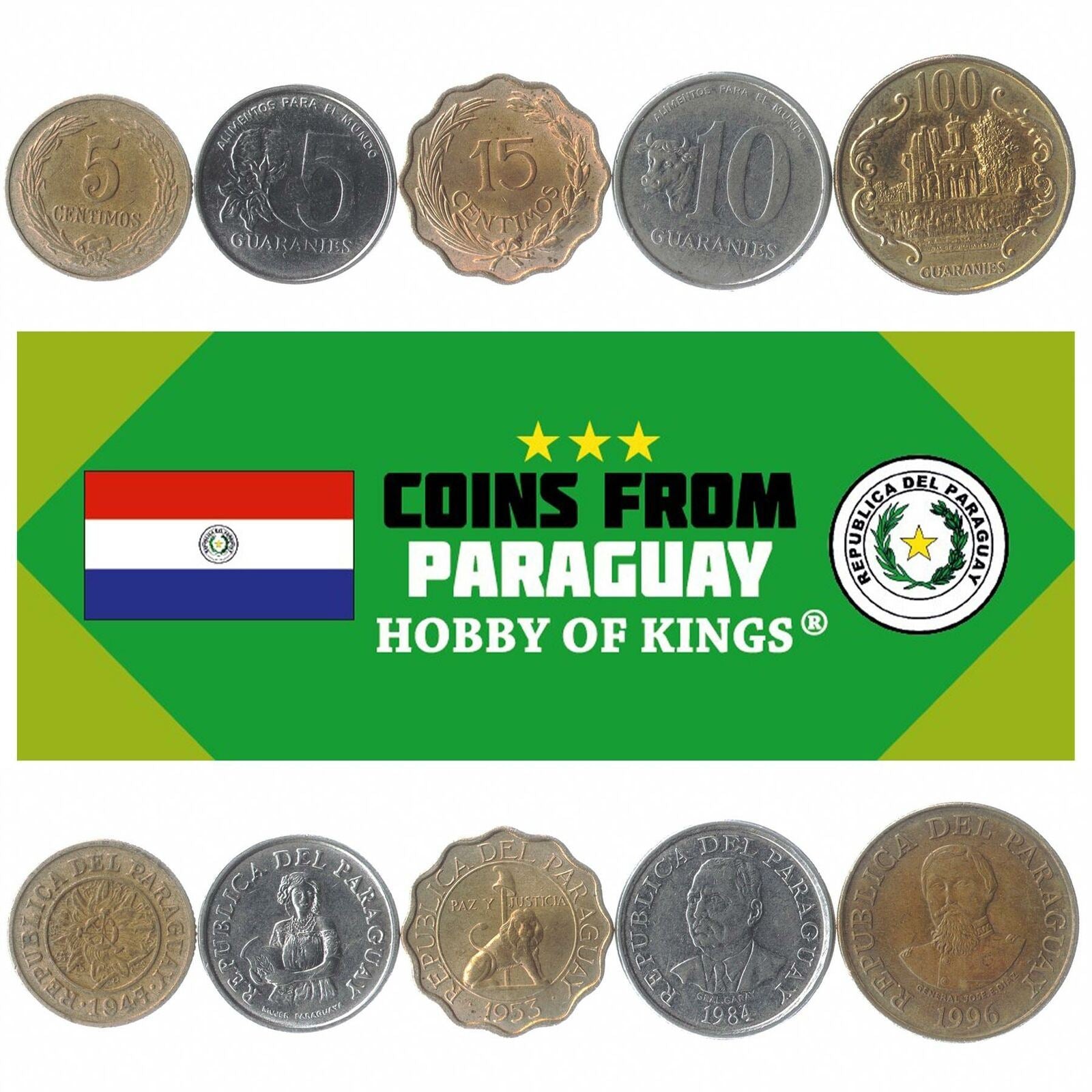 5 Different Coins From Paraguay Guarani Centimos Money Collectible Currency