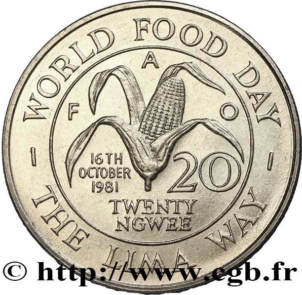 Zambia | 20 Ngwee Coin | FAO | Kenneth Kaunda | Corn Cob | KM22 | 1981